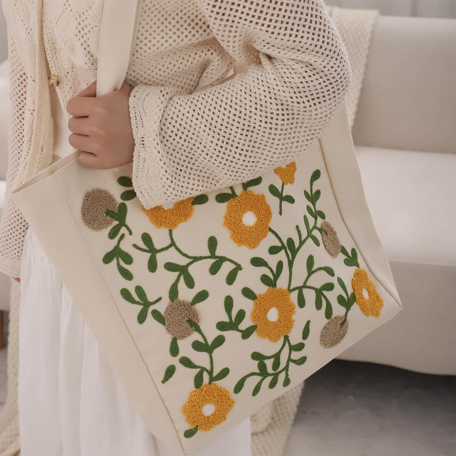 Aesthetic Embroidery Tote Bag for Lady Cute Reusable Canvas Shoulder Bag for Girls Women Shopping Grocery - Image 3