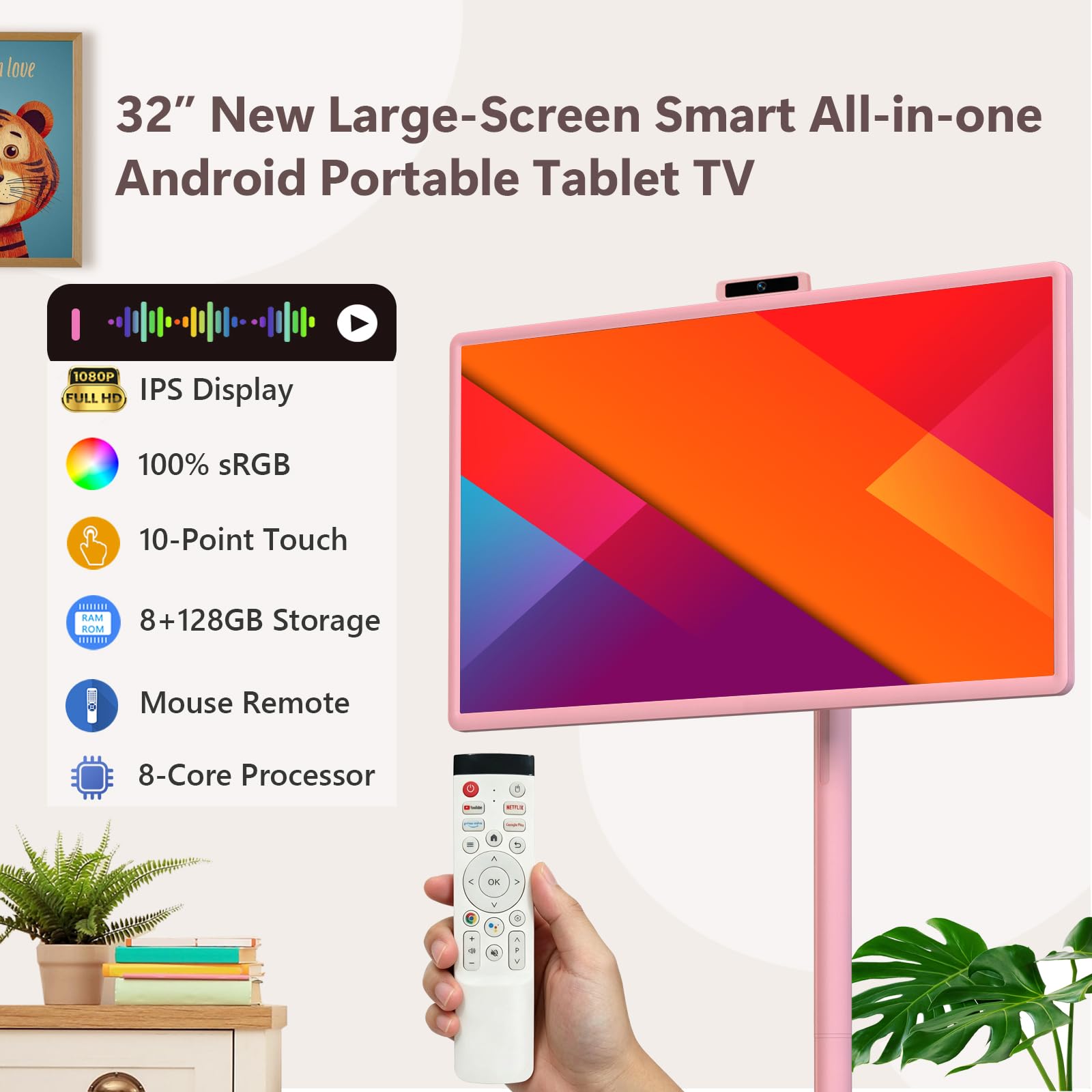 OFD TV portatile da 32 pollici su ruote FHD, Android 15, certificato EDLA, Rolling TV con 8+128GB ROM, monitor touch screen portatile, batteria incorporata 6-8H tempo di riproduzione, telecomando