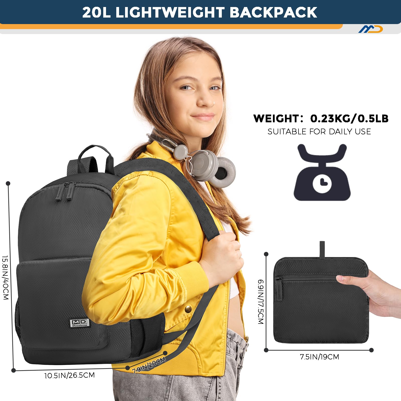 Lightweight Hiking Backpack Packable -20L Back Pack Water Resistan Foldable Sport Travel Camping Compact Folding Daypack for Men Women Black