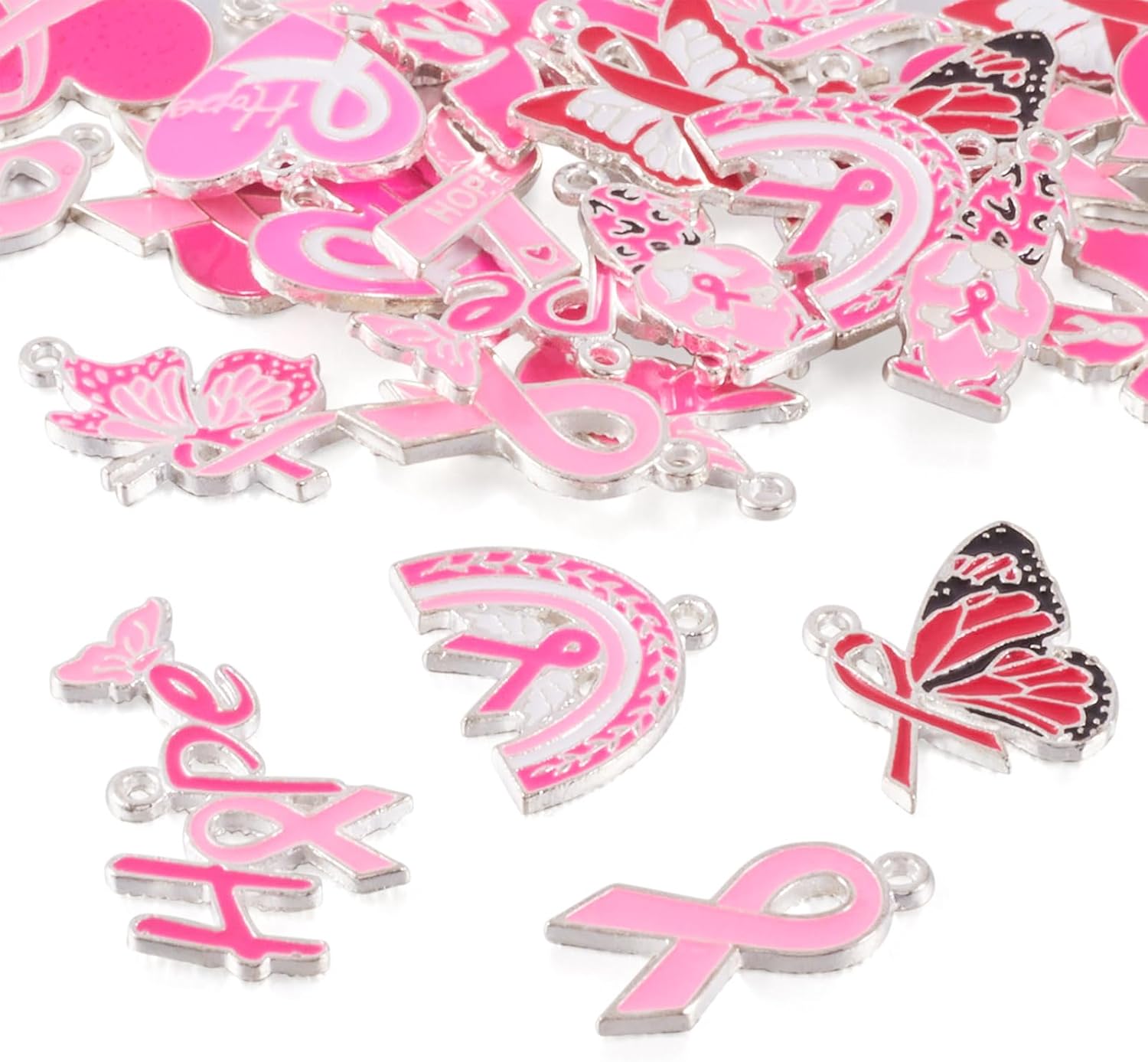 Breast Cancer Awareness Pink Ribbon Charms - 26pcs Hope Ribbon Pendant, Survivor Charms for Women's Necklace, Bracelet, Earring & Jewelry Making Kit - 13 Styles - Image 8
