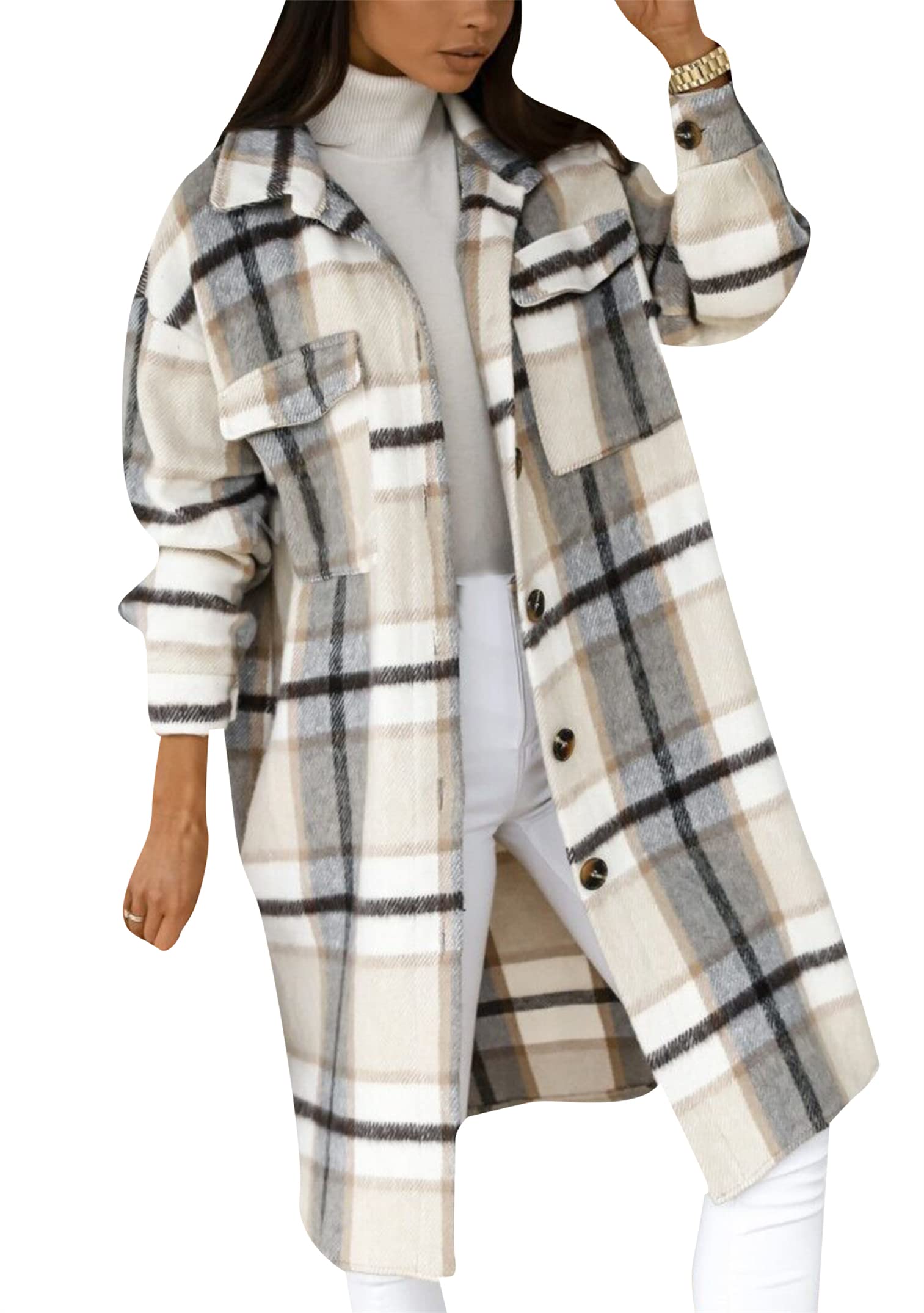 EFOFEIWomen Tartan Winter Coat Baggy Lapel Button Shackets Long Sleeve Blouse Casual Check Blouse Causal Outfit with Pockets