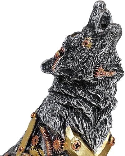 Miniatura 4 de Ebros Steampunk - Estatua robótica de lobo alfa con base de engranajes de reloj esculpidos, 7.5 pulgadas de alto, figura de lobos Cyborg Lycan,