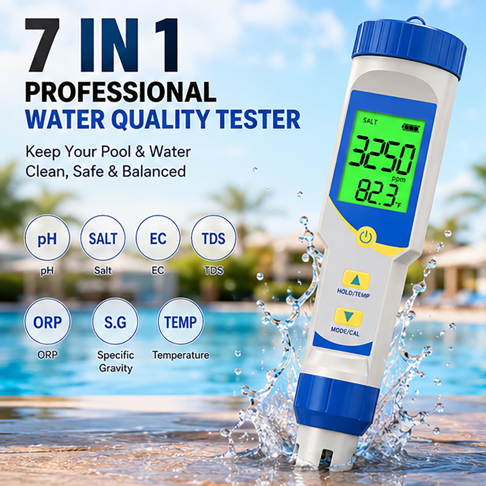 Cyfrowy tester basenu ze słoną wodą, zestaw testera zasolenia i chloru 7 w 1, łatwy do odczytu termometr z miernikiem pH ORP TDS EC do basenów, wanien z hydromasażem i spa