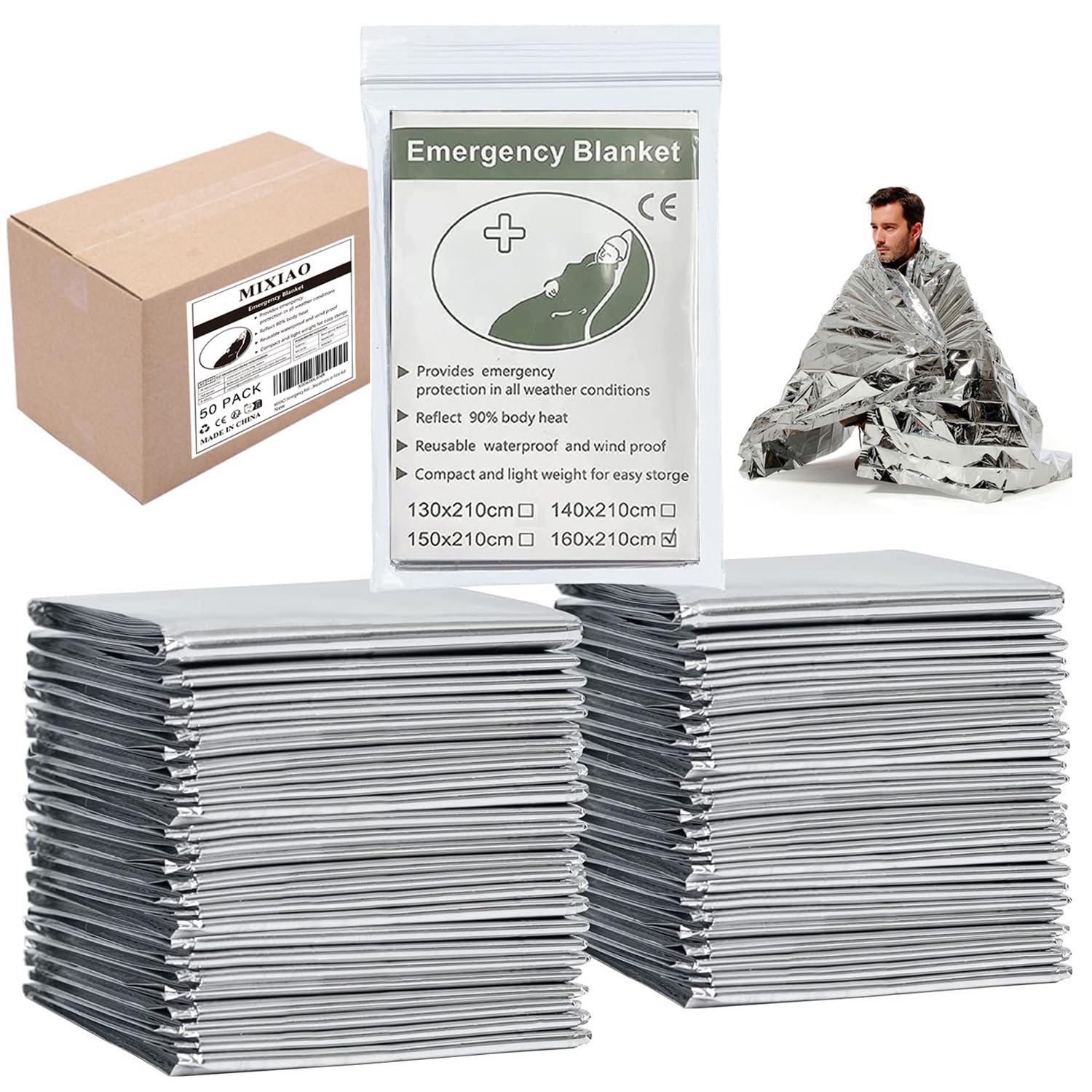 Polyethylene Mylar Silver Emergency Foil Thermal Blanket Pack of 50 210 x 160 cm 82 x 63 Reflective