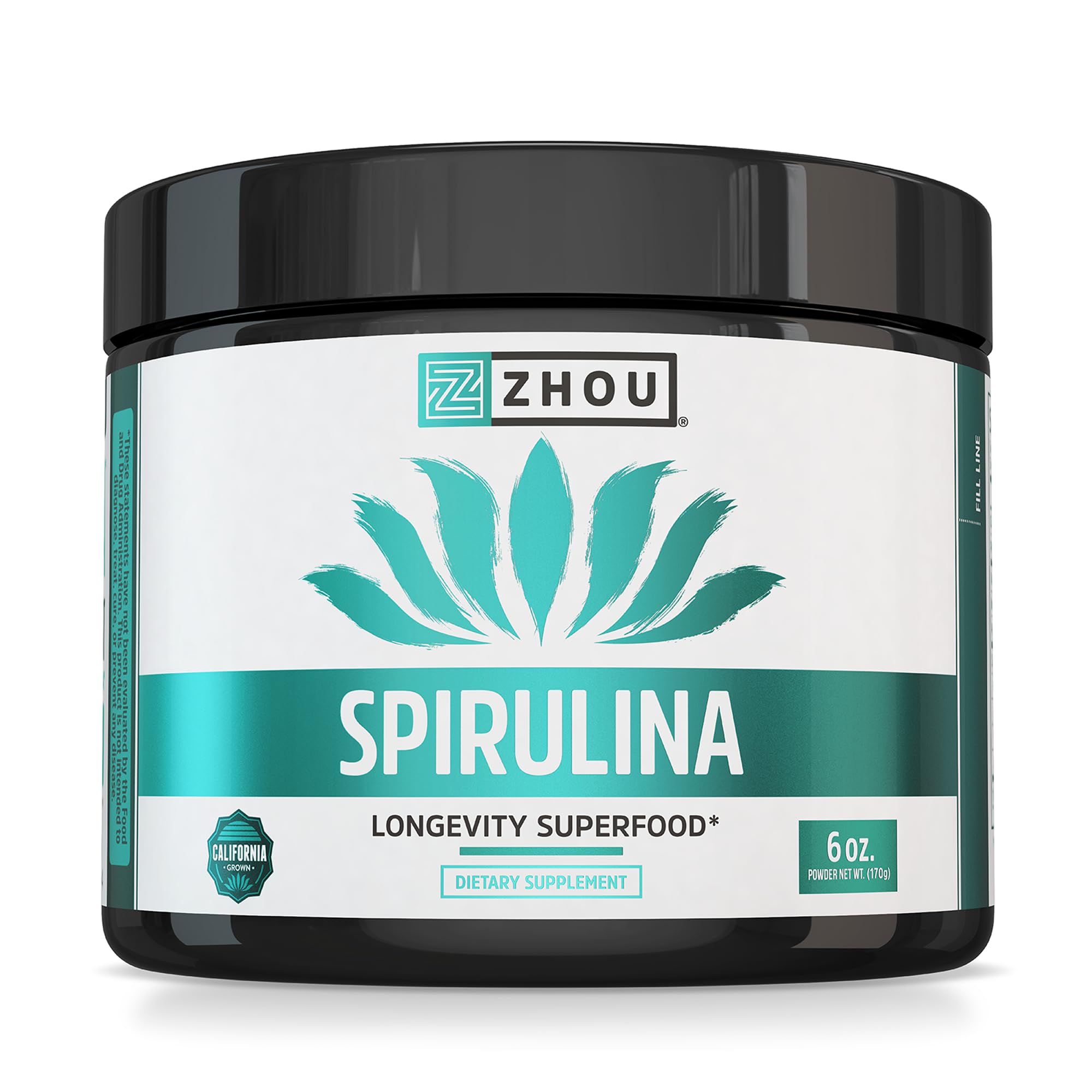 Zhou Spirulina Powder - Blue Green Spirulina Superfood for Women & Men with Vegan Protein, Chlorophyll & Phycocyanin for Smooth Energy & Longevity, Drink Mix for Smoothies - 6 oz Jar (48 Servings)