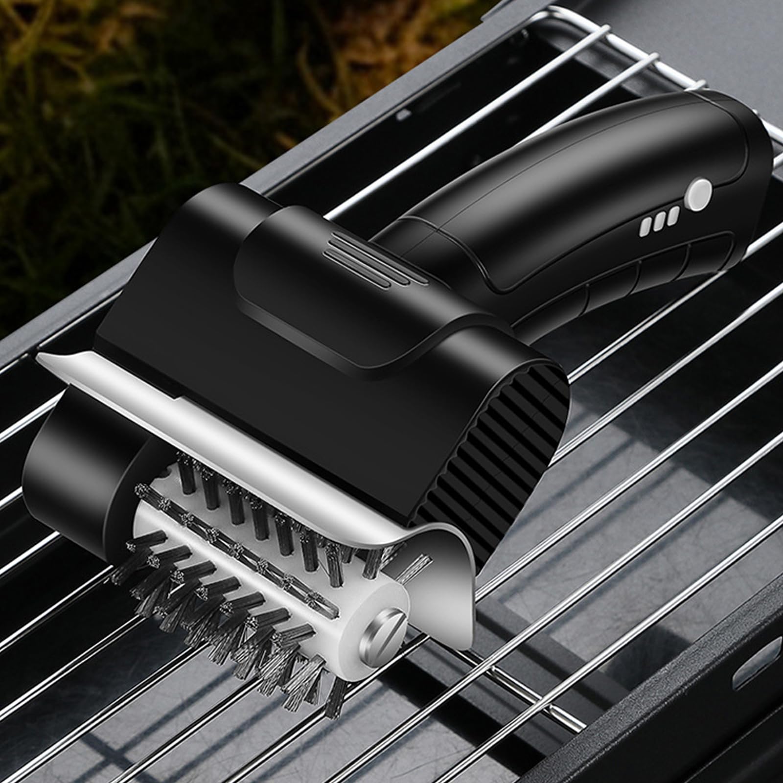 Spazzola per griglia con corpo compatto da 20 cm, rullo con setole metalliche e display leggero, per la cura della griglia del barbecue dopo la cottura all'aperto, spazzola rotante con rullo rotante