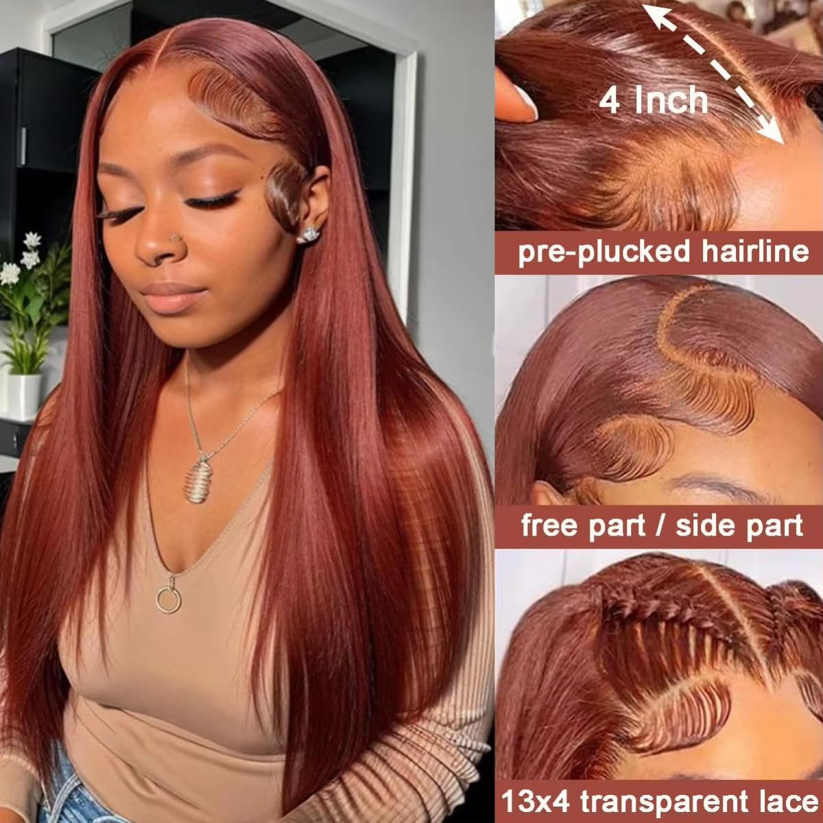 13x4 Lace Front Wigs Human Hair Reddish Brown Brazilian Unprocessed Straight Lace Front Wigs Human Hair Pre Plucked with Baby Hair Auburn Copper Colored Hd Lace Wig for Women (Reddish Brown,30 Inch)