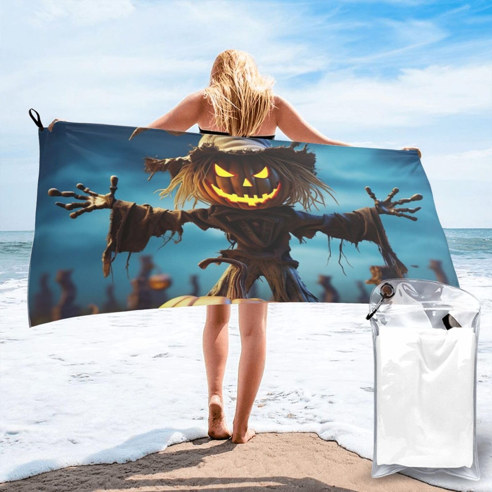 DWVTSLH Microfiber Sand Free Beach Towel 27.5"x55", Quick Dry Absorbent Travel Towel Large Camping Blanket, Funny Pumpkin Scarecrow Bath Towels Lightweight Pool Swim Towels for Vacation Essentials