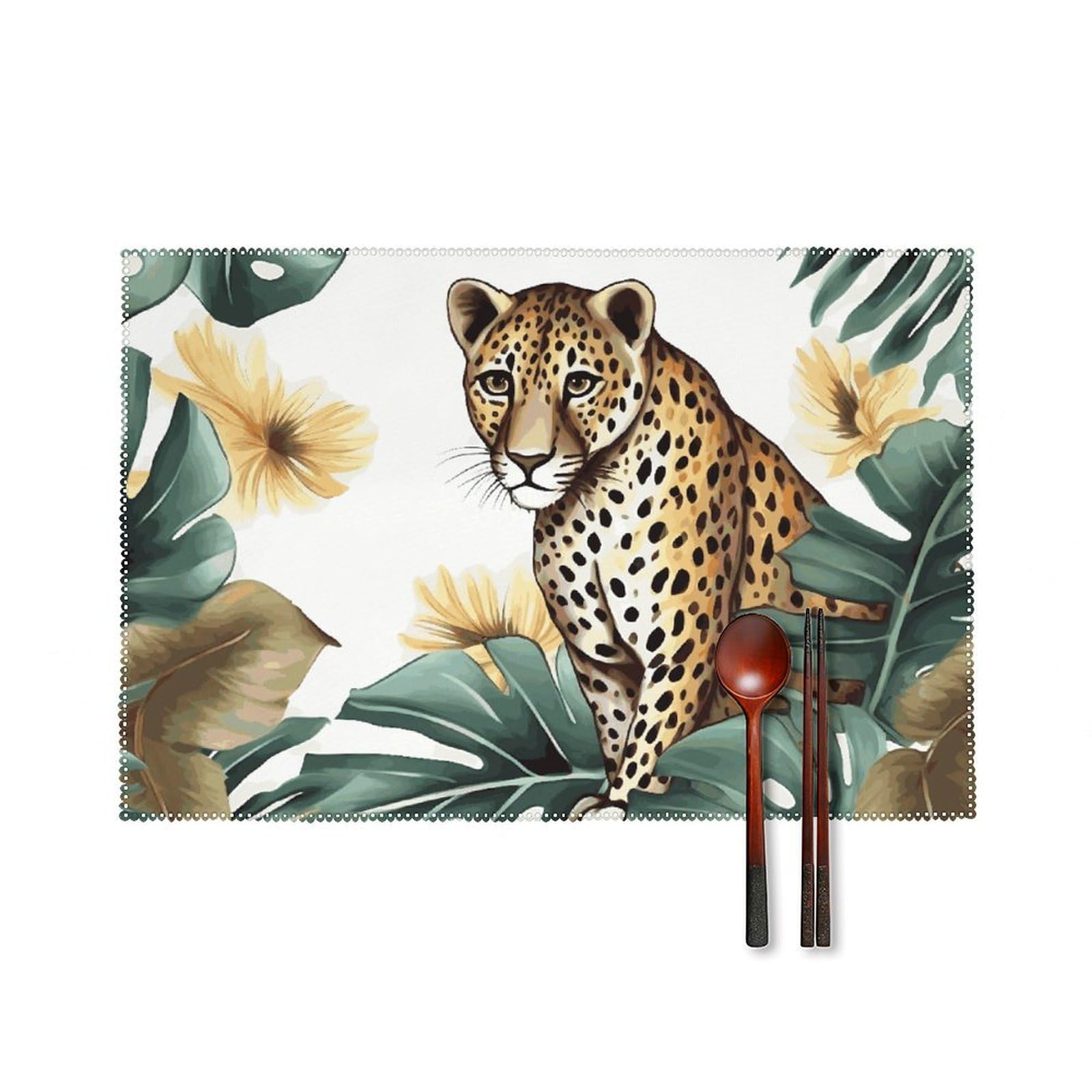 Leopard and Palm Leaves Placemats Washable Not Fade Placemats Practical Heat Resistant Place Mats for Outdoor Patio Table Mats Kitchen Dining Party Decoration