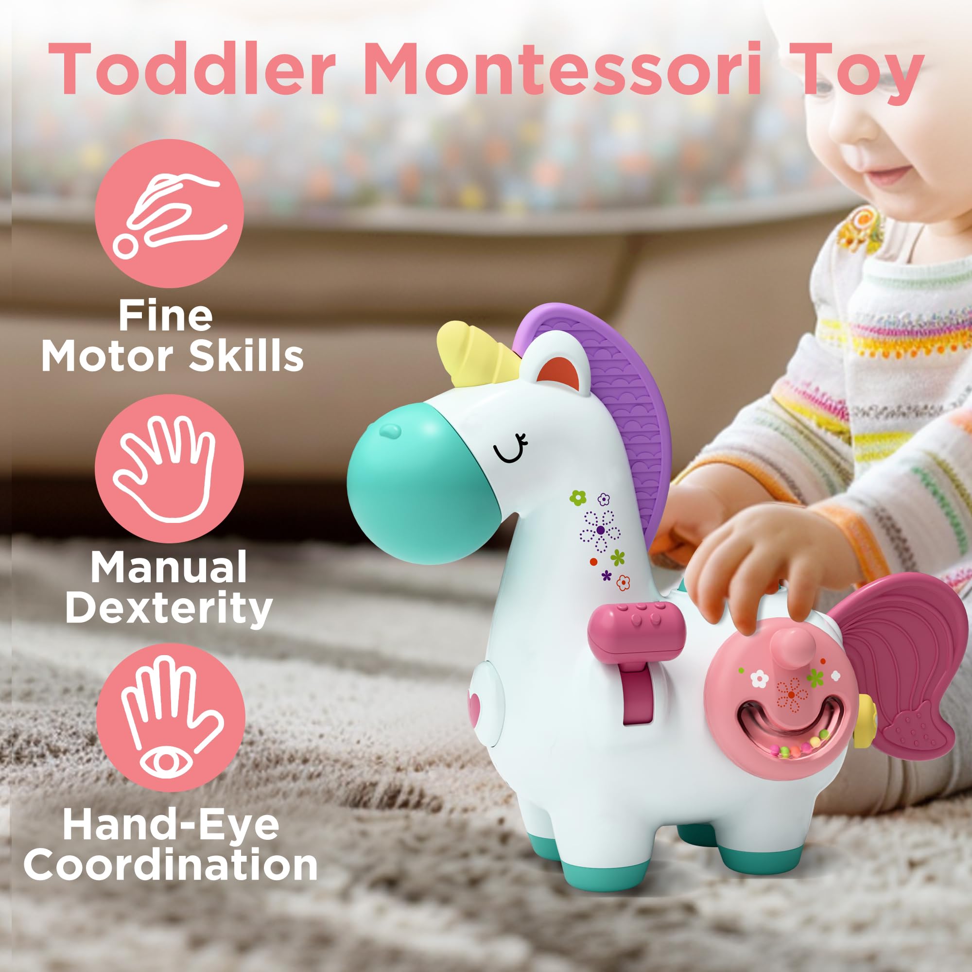 Cubo de actividades de unicornio para bebé, cubo ocupado Montessori, juguete Montessori para niños de 1 año, juguete de viaje para asiento de automóvil, juguete de viaje, desarrollo 2