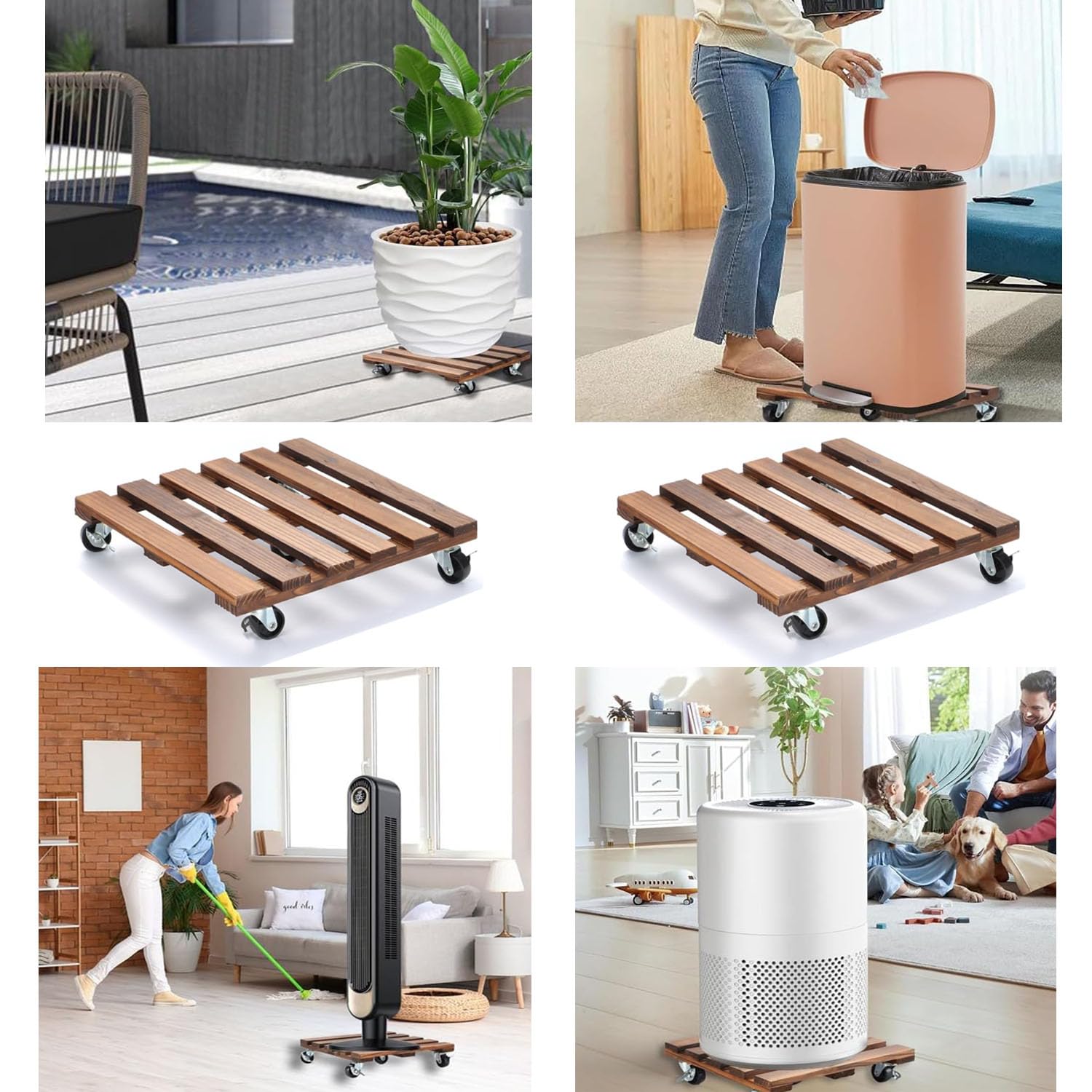 2 ruedas cuadradas de 30 cm, ruedas de madera, con ruedas bloqueables a 360°, resistente a la intemperie, color negro