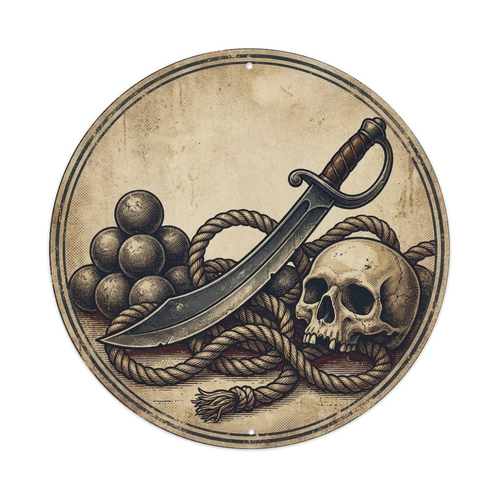 Pirate Saber Rope Cannonball Jolly Roger Emblem Metal Tin Sign