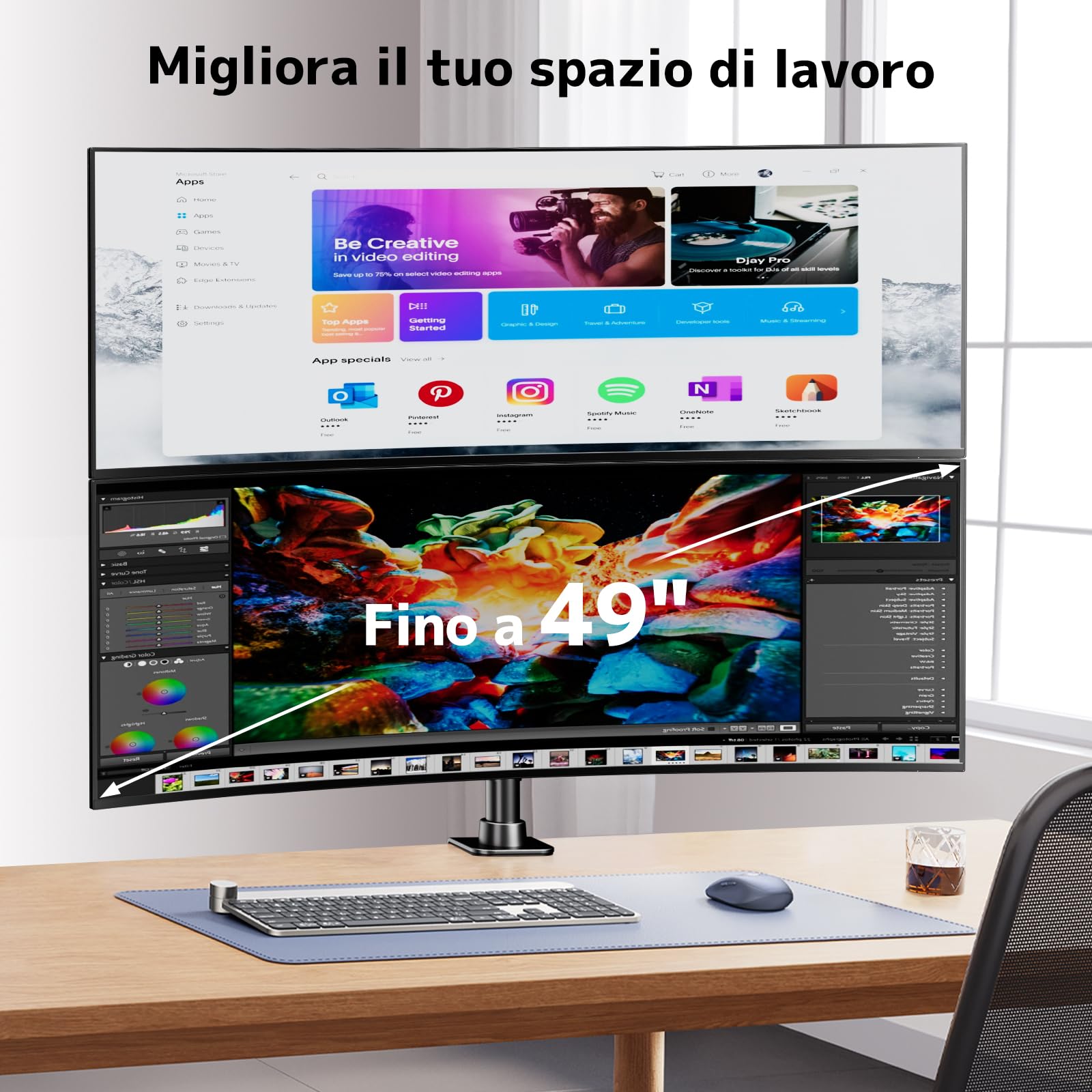 Supporto Doppio Monitor Verticale, Supporto per schermi ad alta resistenza con palo extra alto da 803 mm e impilamento verticale per monitor da 17" - 49" con rotazione