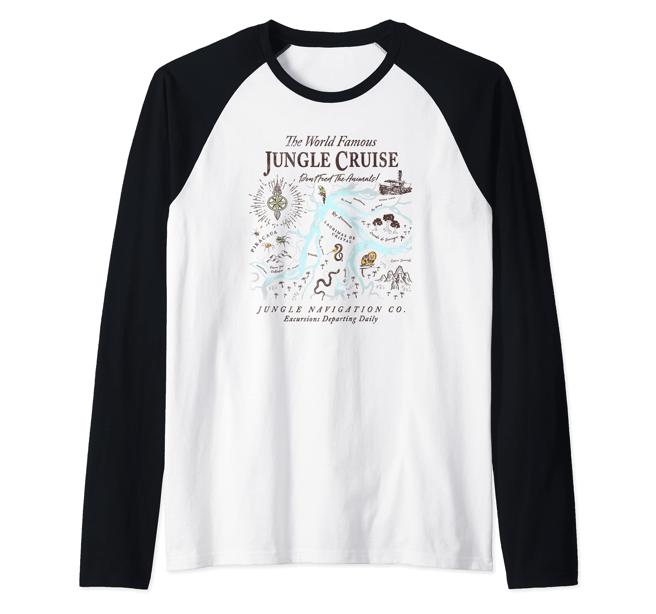 DisneyJungle Cruise World Famous Excursions Departing Daily Raglan Baseball TeeOEKO-TEX STANDARD 100