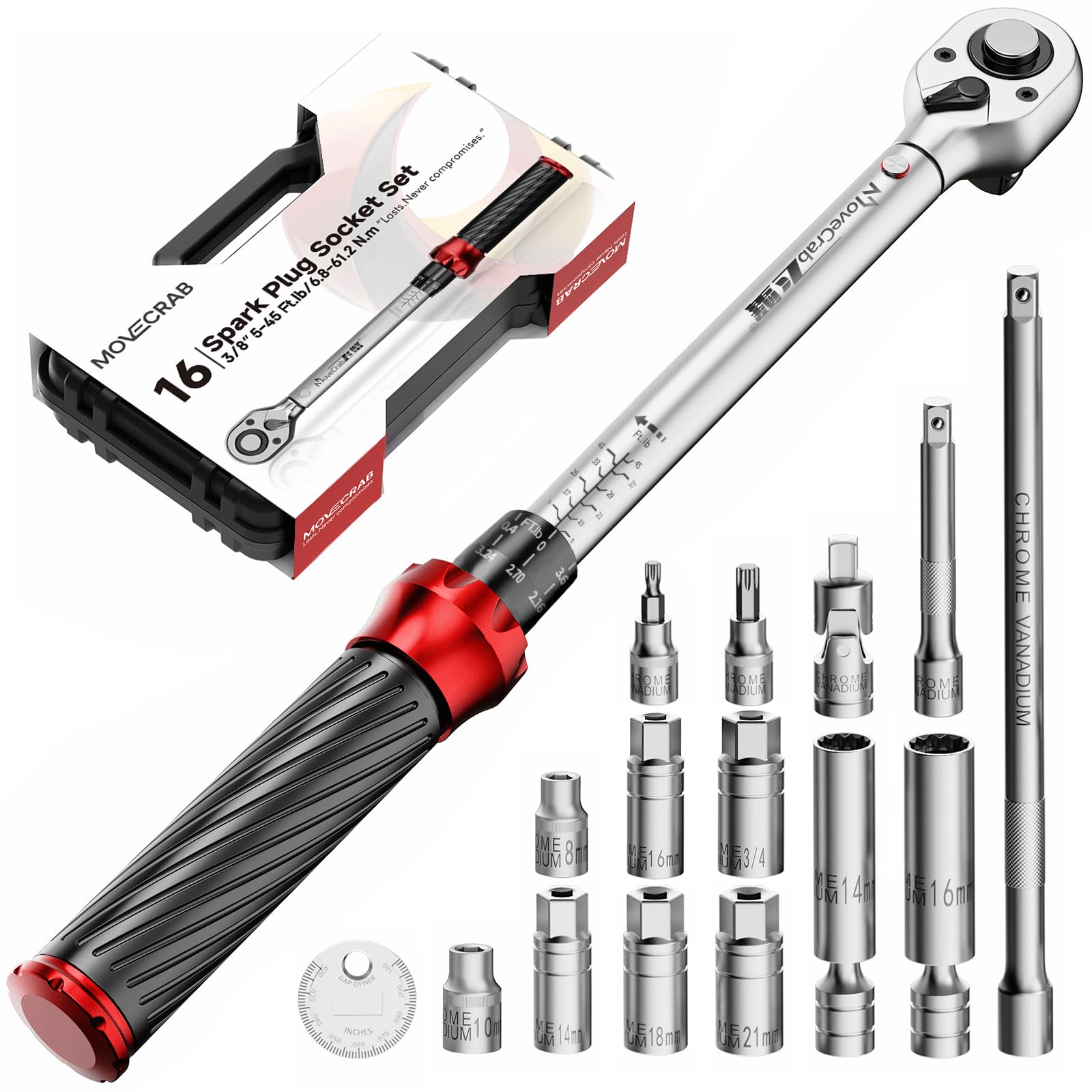 3/8" Click Torque Wrench Set, 5-45 Ft-lb with Spark Plug Socket | Dual Range, ±3% Accuracy, Auto Repair, Quick Release, Audible Click, Reversible, Calibration Certificate Included, DIY-image-14