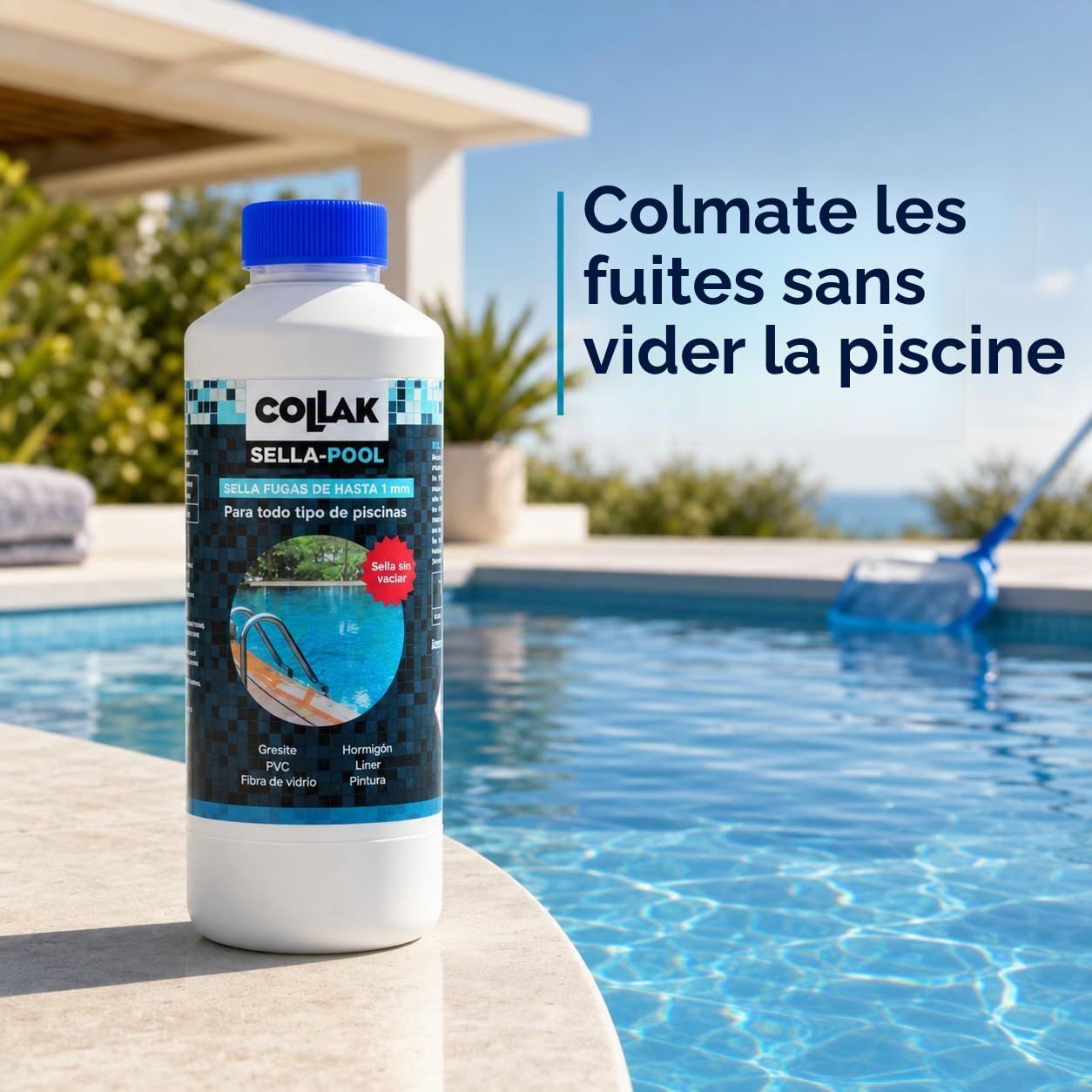 Collak - Scellant de Fuites pour Piscines Scella-Pool 1L – Répare les Fissures sans Vidanger – Compatible avec Liner, Béton, PVC, Fibre, SPA, Réservoirs et Tuyaux – Usage Professionnel et Domestique