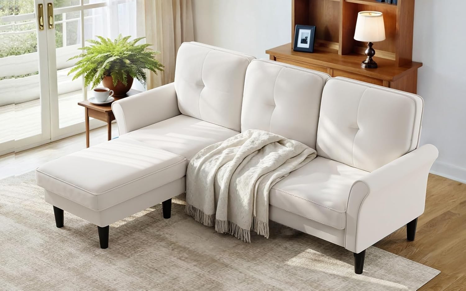 Sectional Couches for Living Room, 83" Velvet Modern 3 Seater Sofa, L Shaped Couch with Ottoman, Small Sectional Couch Sofas for Living Room, Bedroom, Apartment, Office, Beige Sofa