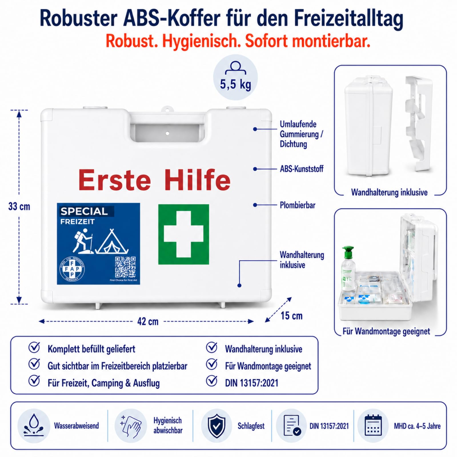 FAP Erste-Hilfe-Koffer Freizeit DIN 13157 gefüllt - Weiß | Burngel & Beatmungstuch | Camping Jugendherberge Pfadfinder Ferienlager Verein Outdoor Camp, Betriebsverbandkasten Wandhalterung -33×42×15 cm