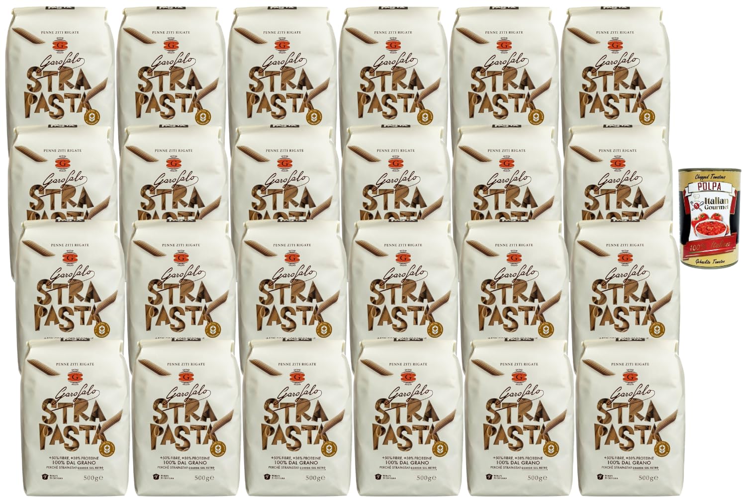 Italian Gourmet Strapasta Penne Ziti Rigate Hartweizenpasta 24x500g | +50% Ballaststoffe +38% Protein | Bronzegezogen | Italienische Pasta für Vorrat & Alltag + Italian Gourmet Polpa