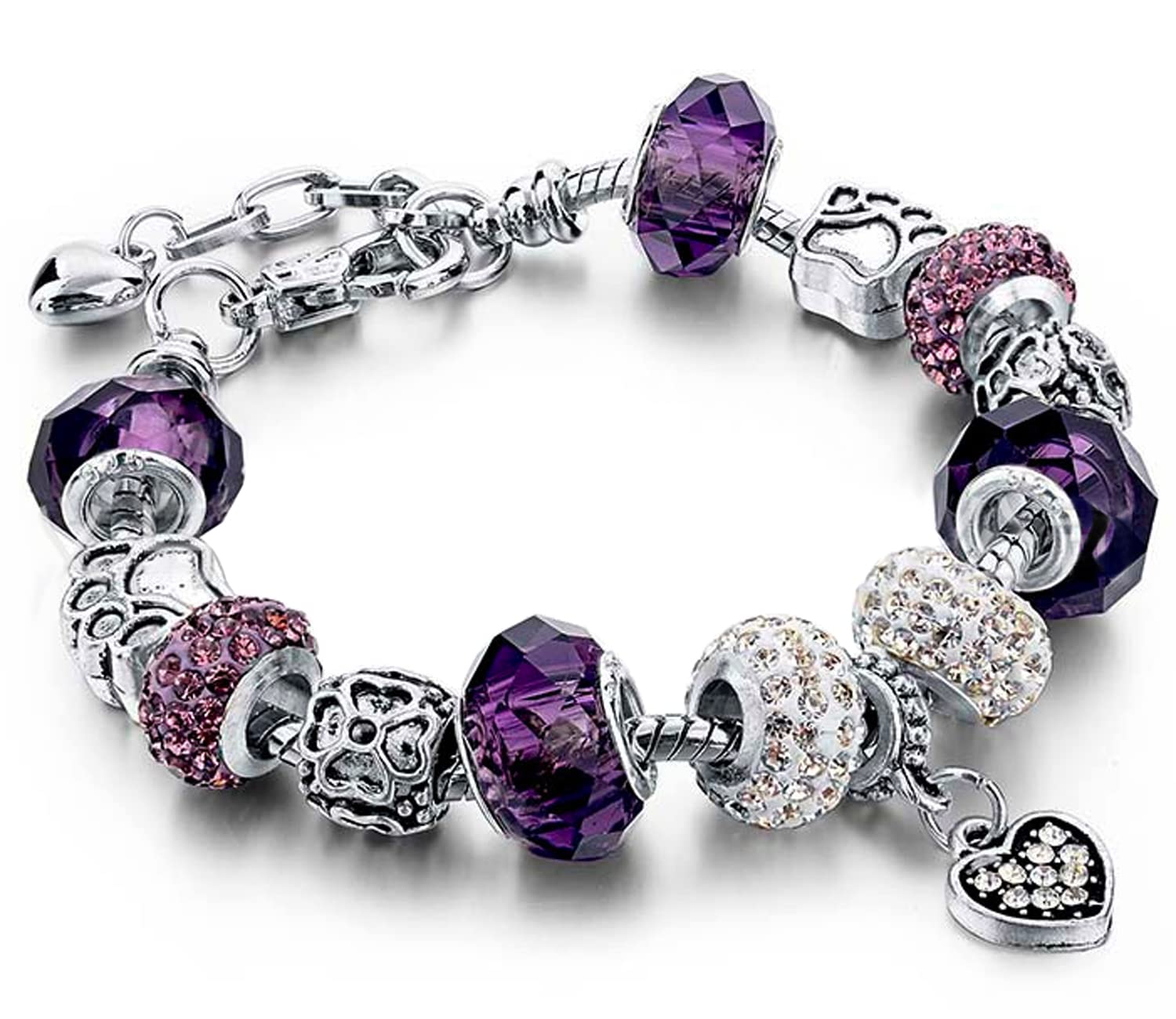 Mother Charms Bracelet for Women Murano Glass Beads Butterfly Flower Charms Amethyst Bracelets