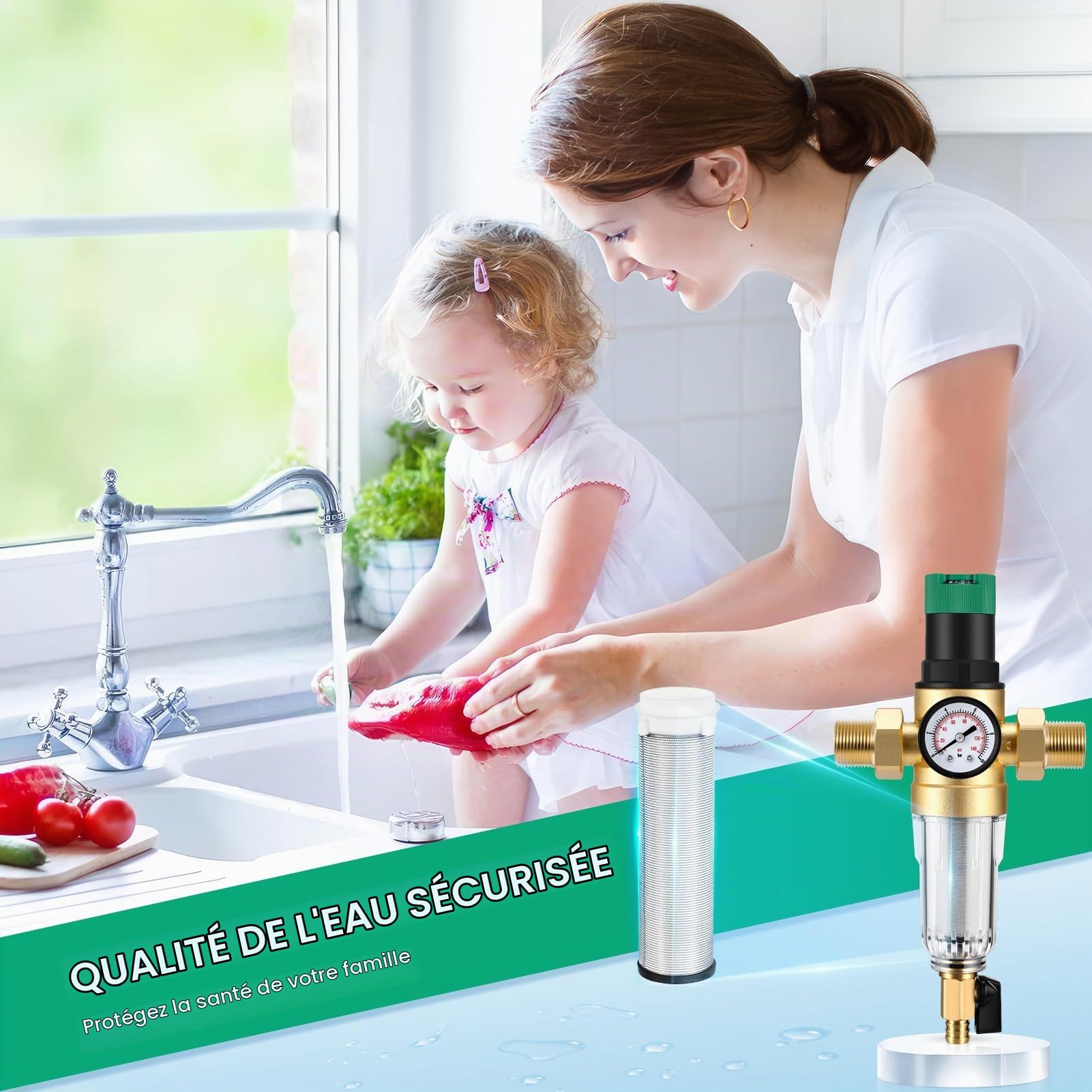 Réducteur de pression d'eau 3/4", avec Manomètre et Filtre à Tamis, pour D'irrigation de Jardin, au Chauffage au Gaz, au Robinet