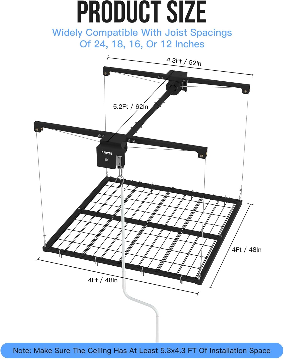 GarveeHome Heavy Duty Overhead Garage Storage Rack Lift – 4x4 ft, 350 lbs Capacity, Hand Crank Adjustable Ceiling Organizer, Max 79 in Height, Matte Black Finish