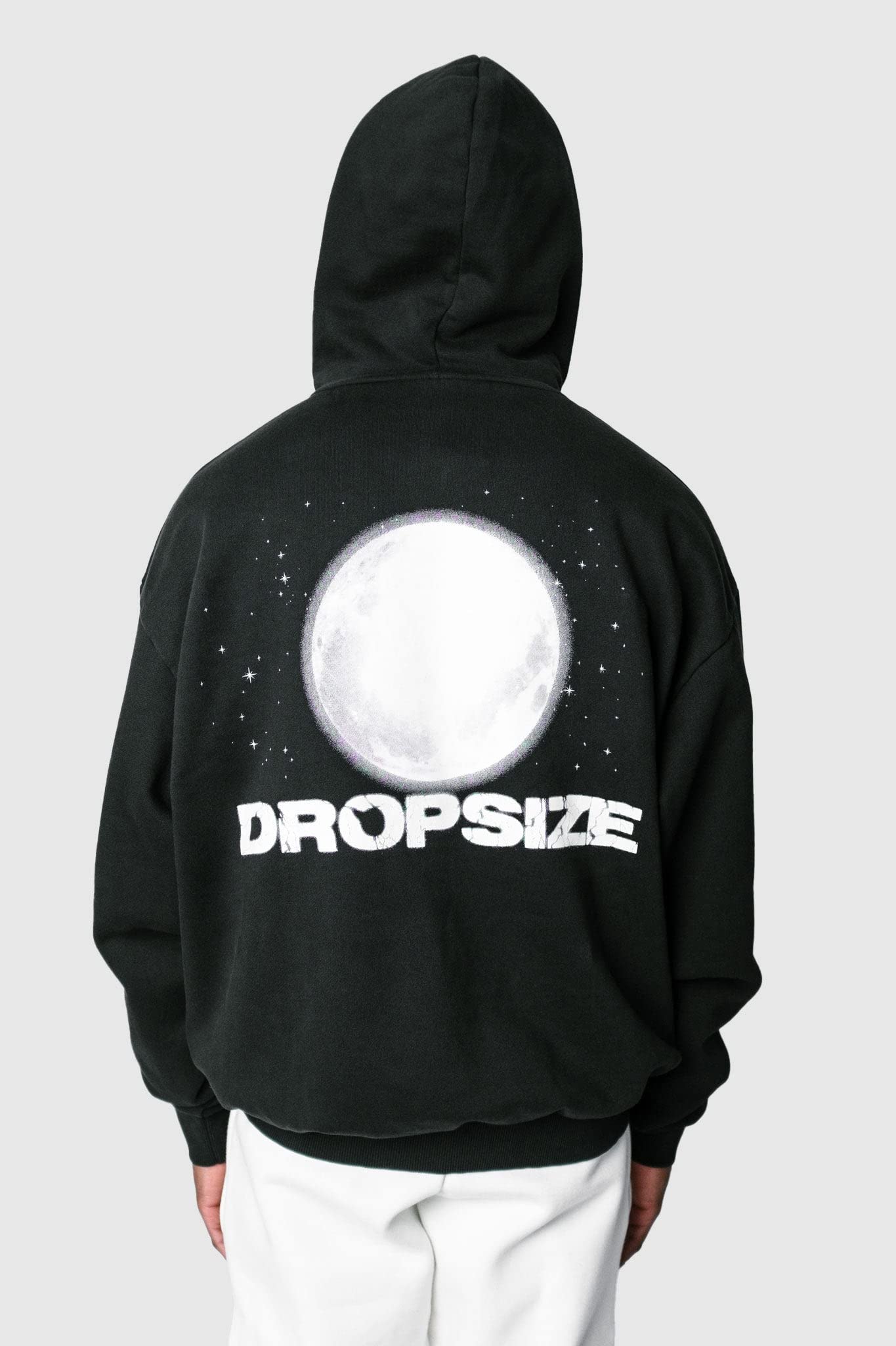 Dropsize Heavy Oversize Moon Design Hoodie Washed Black, Urban Streetwear Oversize Pullover in cotone 360 GSM con Cappuccio Uomo Felpa con Cappuccio