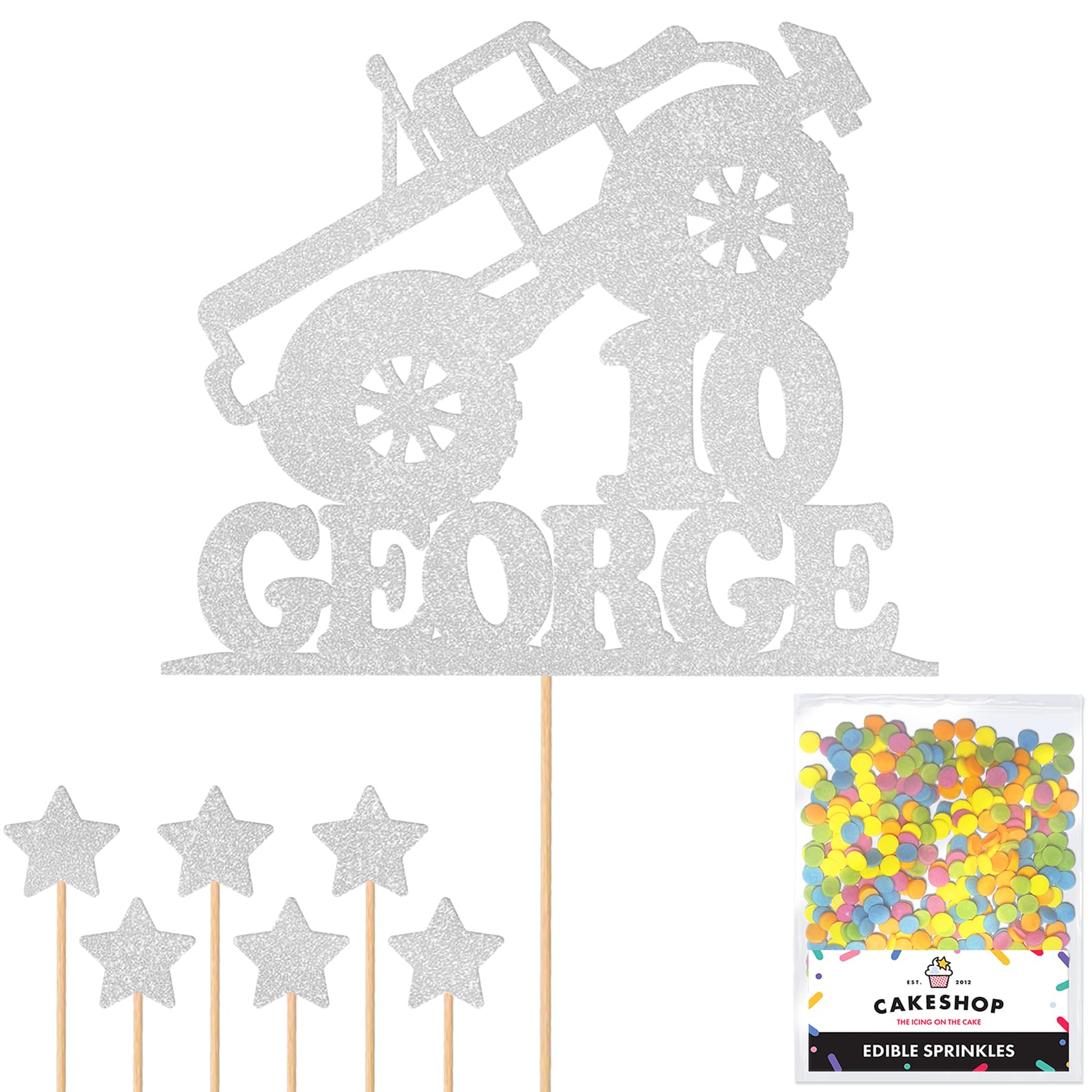 Personalised Monster Truck Glitter Cake Topper- Light Silver Any Custom Age & Name Glitter Cake Decoration and Sprinkles - Happy Birthday Decorations - Personalised Toppers for Cakes by Cakeshop — image 1