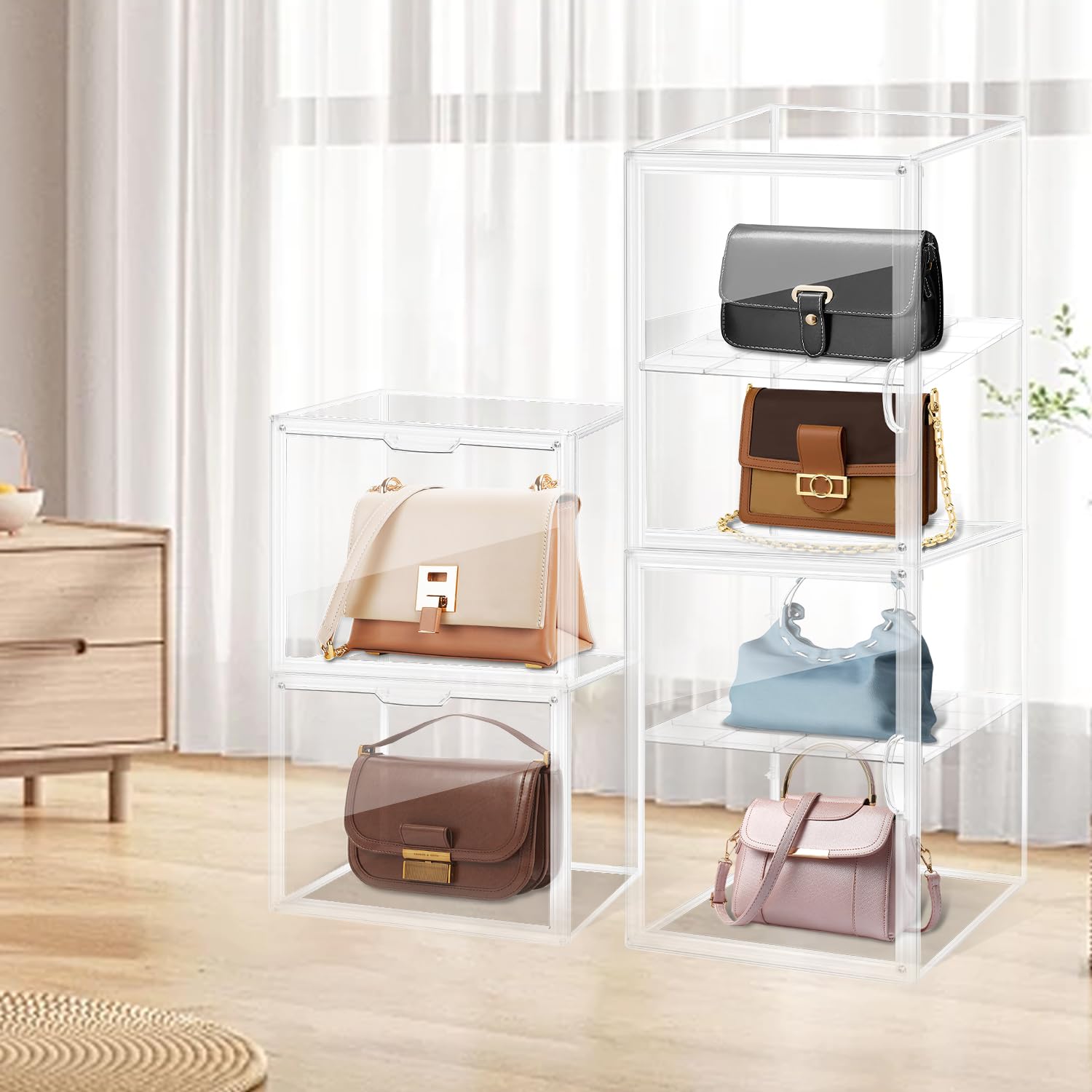 Paquete de 2 Cajas de Almacenamiento de acrílico Transparente con Placa divisora, Vitrina acrílica con Puerta magnética, para Bolso, Bolso, Zapatos, cosméticos, a Prueba de Polvo (XL)