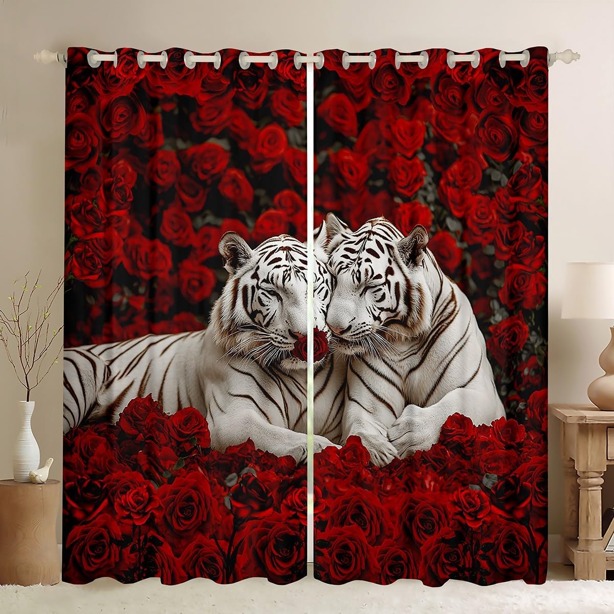 White Tiger Couple Window Curtain,Tropical Wild Animal Window Treatment,Red Rose 30%-50% Blackout Curtains,Lover Woman Adult Romantic Valentine's Day Bedroom Living Room Decor,2 Panels,38Wx45L