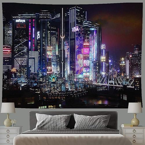 Miniatura 2 de Ine Ive Tapiz con vista nocturna de ciudad, escena de juego punk, edificio neón, vista al río, para colgar en la pared, de franela urbana bulliciosa