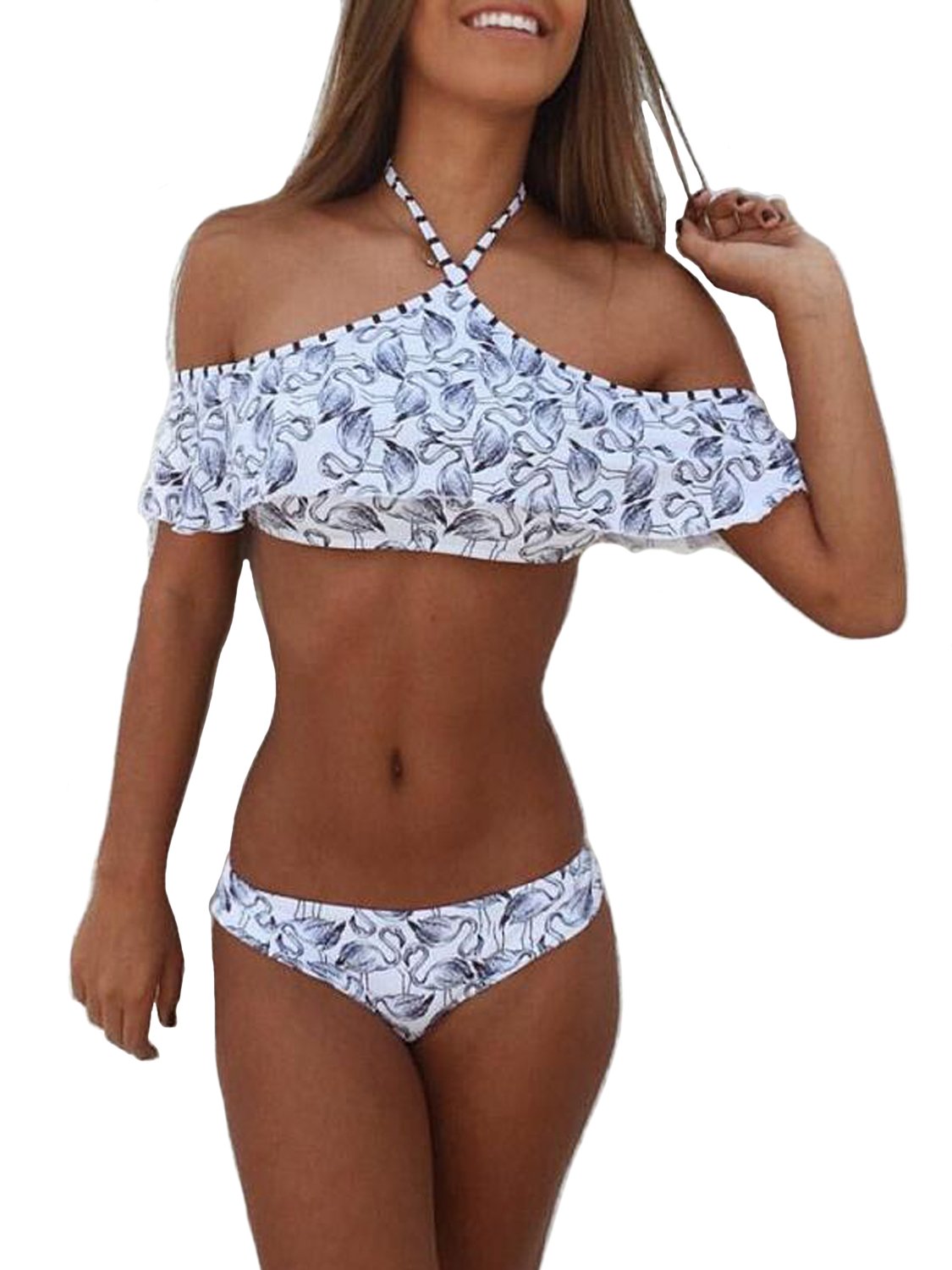 BIKINX Women's Birds Print Halter Bikini Sets Ruffle Off Shoulder 2PCS Swimsuits
