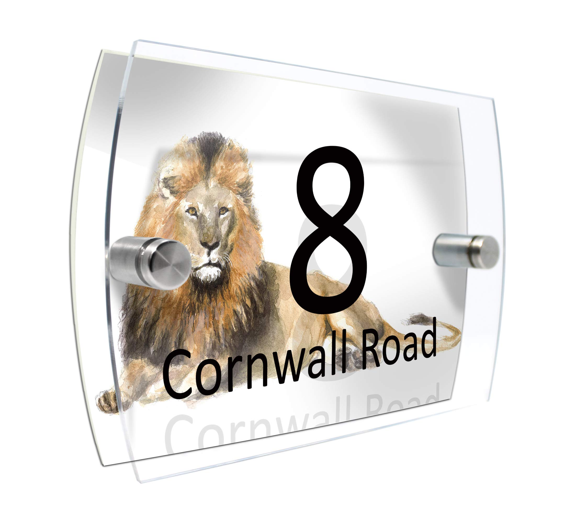 Colourbat Lion Watercolour Animals Personalised Modern House Number Sign Name And Number Street Wall Plaque (Lion)