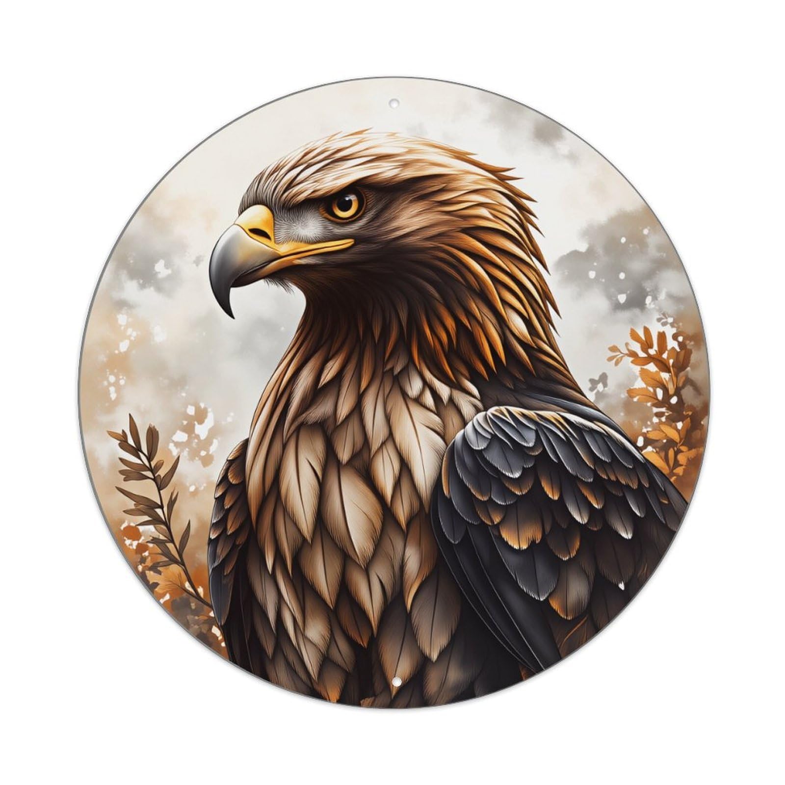 Eagle Portrait With Feathers And Autumn Leaves Background Round Vintage Tin Sign,Retro Wall Art,Metal Poster for Home, Bar, Garage, Cafe, Rustic Indoor & Outdoor Decor, 8x8 Inches