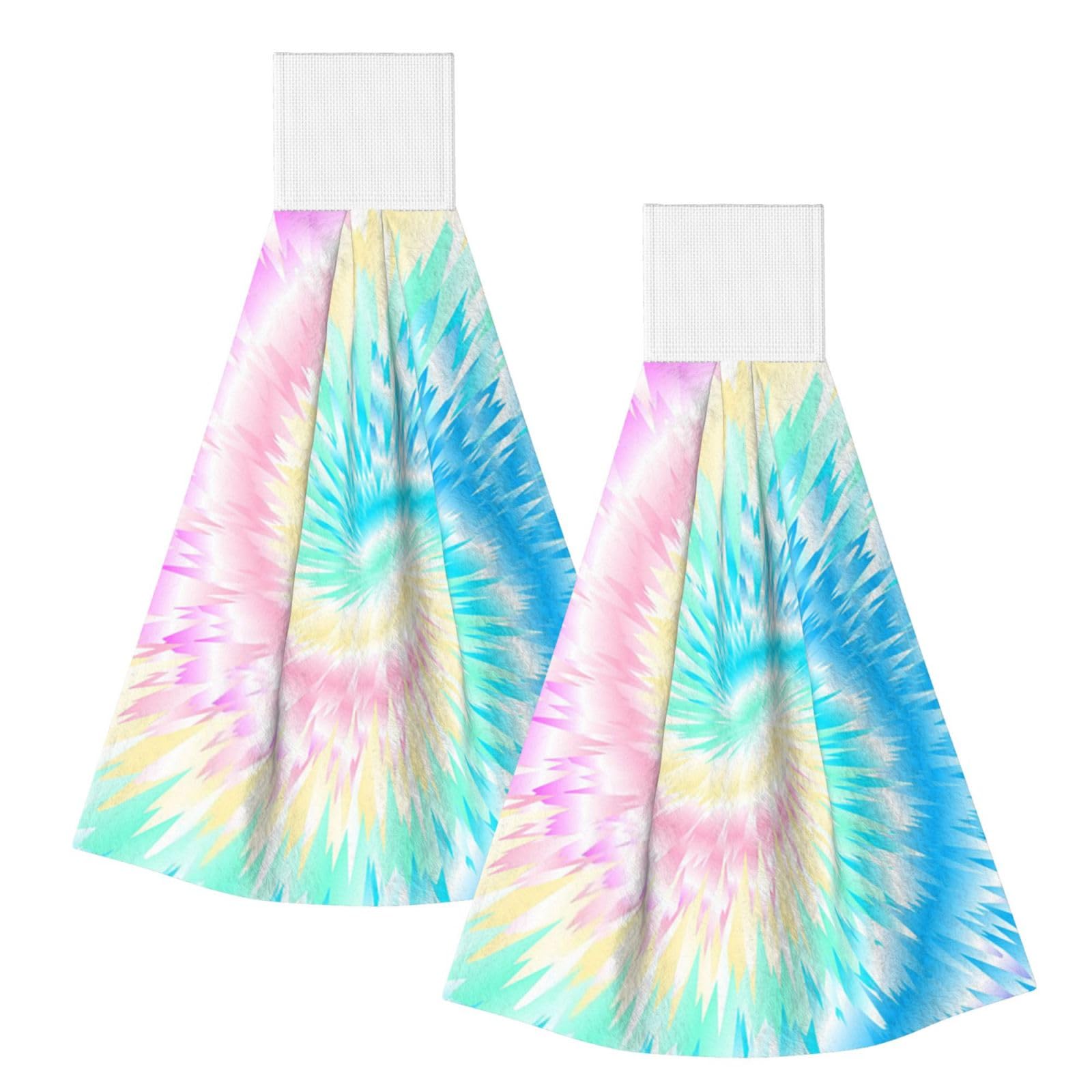 DOPKLNA Tie Dye, 2 Pcs Hanging Coral Fiber Hand Towels for Bathroom, Absorbent Kitchen Towels