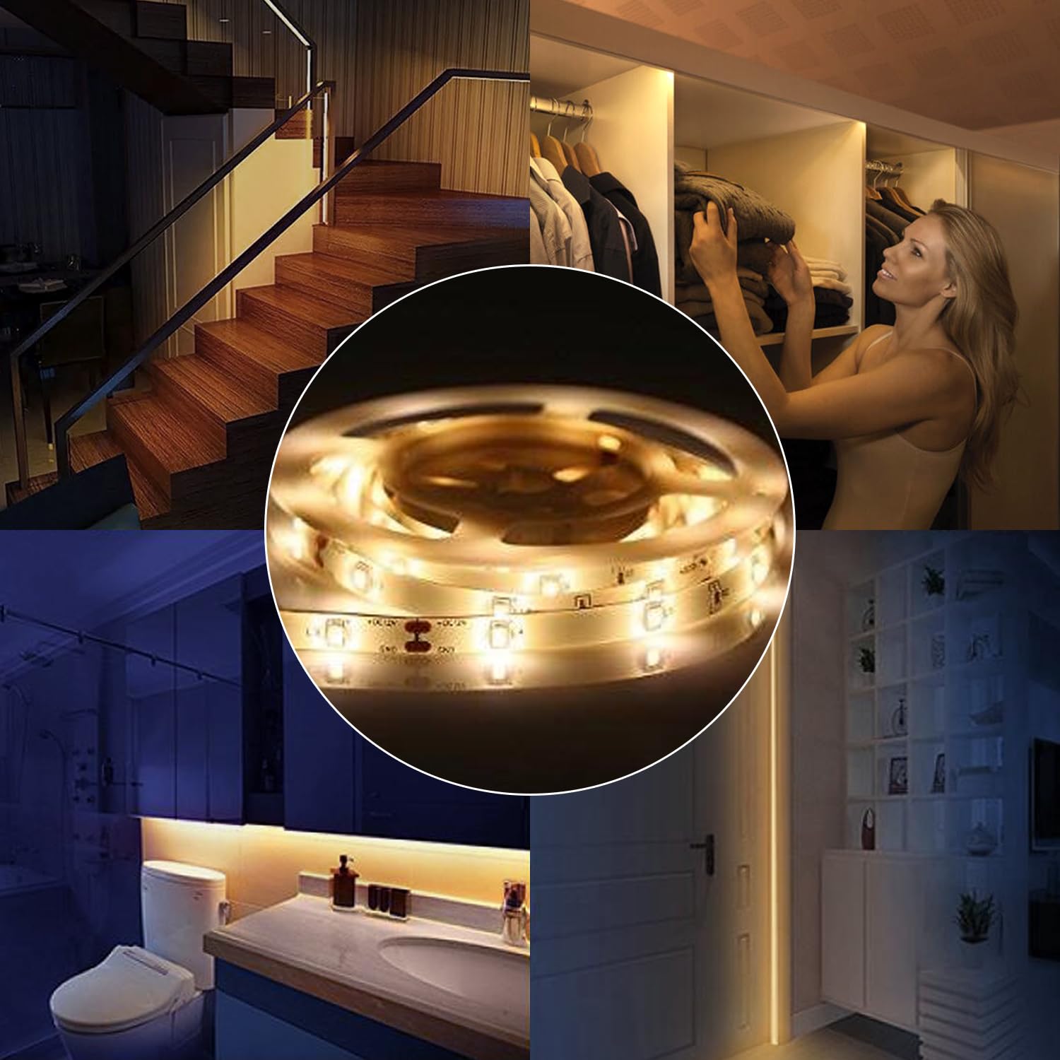 UNIKS 1.5M 45LED Luce Armadio Striscia LED Striscia a Batteria con Sensore di Movimento. 3000K Bianco Caldo Luce Notturna per Camera da letto, Guardaroba, Corridoio e scale.