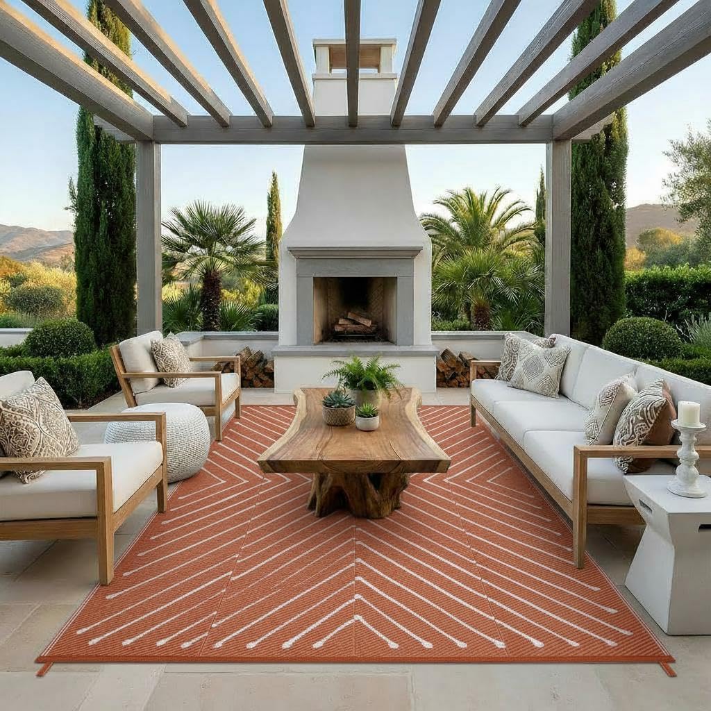 Garvee 5x8 Striped Outdoor Waterproof Rug - Reversible Modern Striped Plastic Straw Patio Mat, Portable RV Camping Rug for Picnic, Beach, Balcony, Deck - UV Protected & Easy to Clean, Orange&White.