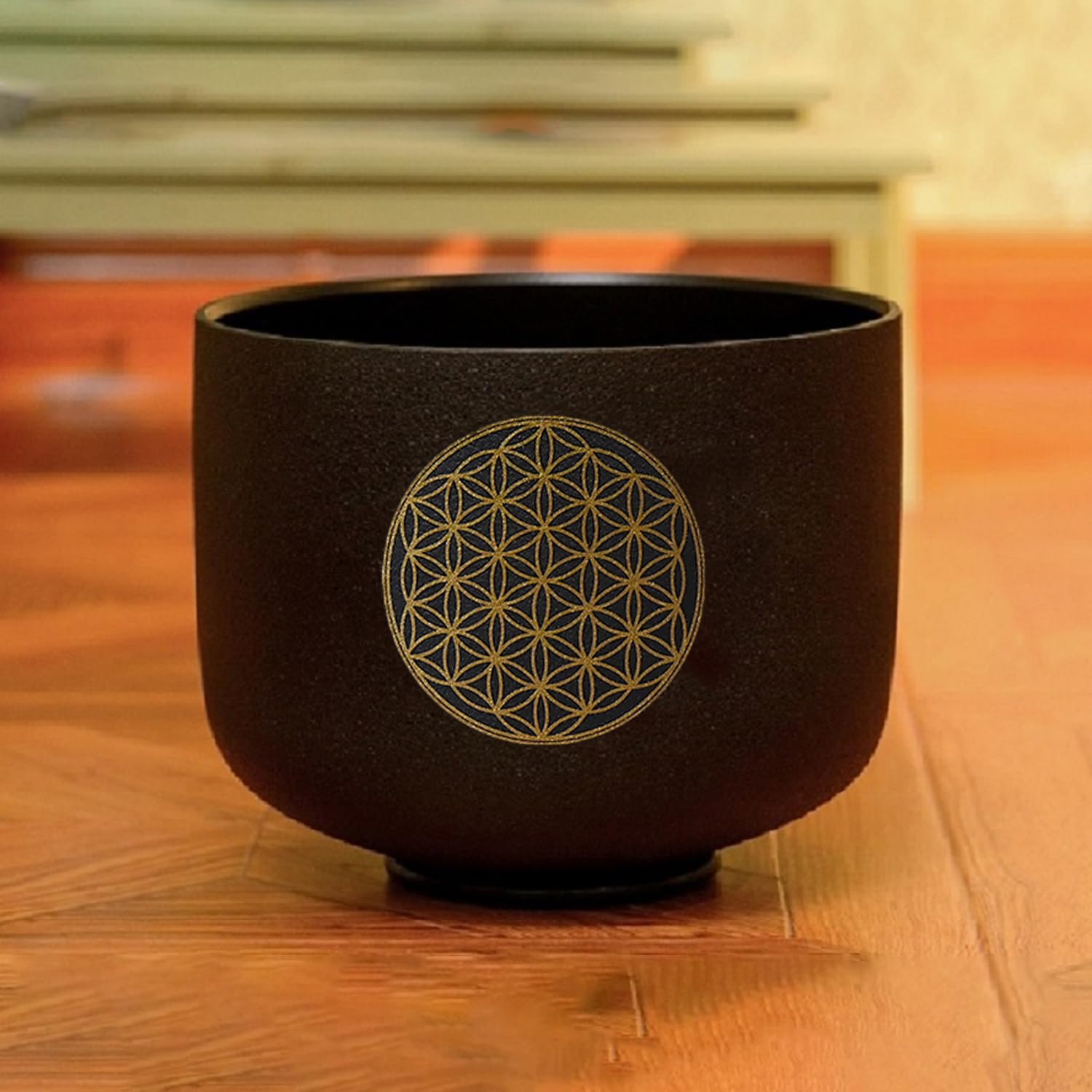 Hye-eun Campana tibetana in cristallo, 528 Hz, note C, 20 cm, nero, al quarzo, con design a fiore della vita, campana per meditazione, chakra, guarigione sonora coordinata, con borsa per il trasporto