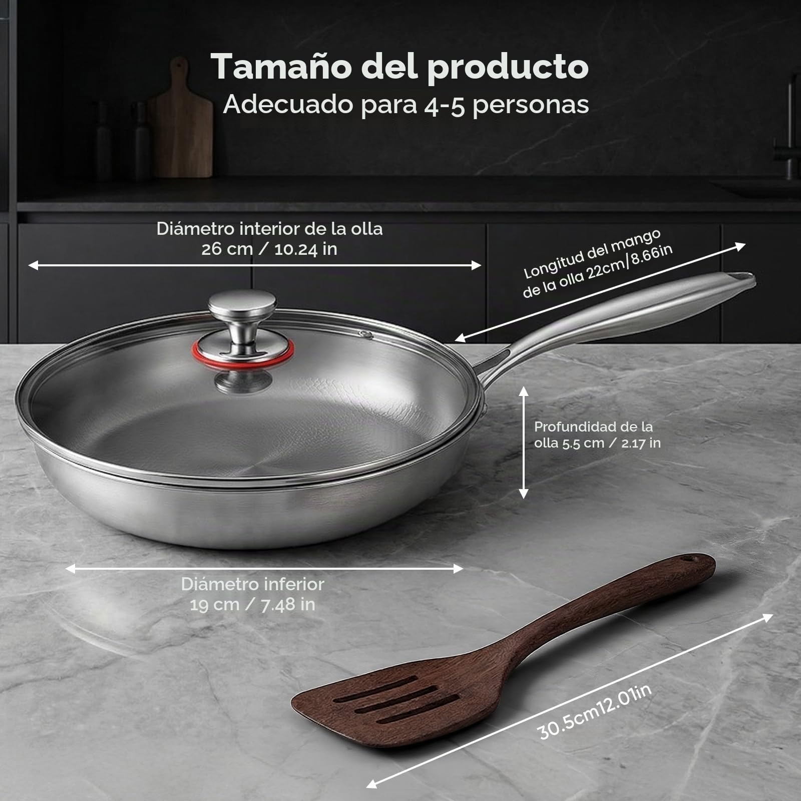 Sartén de titanio de 26 cm, sartén de titanio con tapa antiadherente, revestimiento de titanio, resistente a los arañazos, con todo tipo de fuegos para cocinar