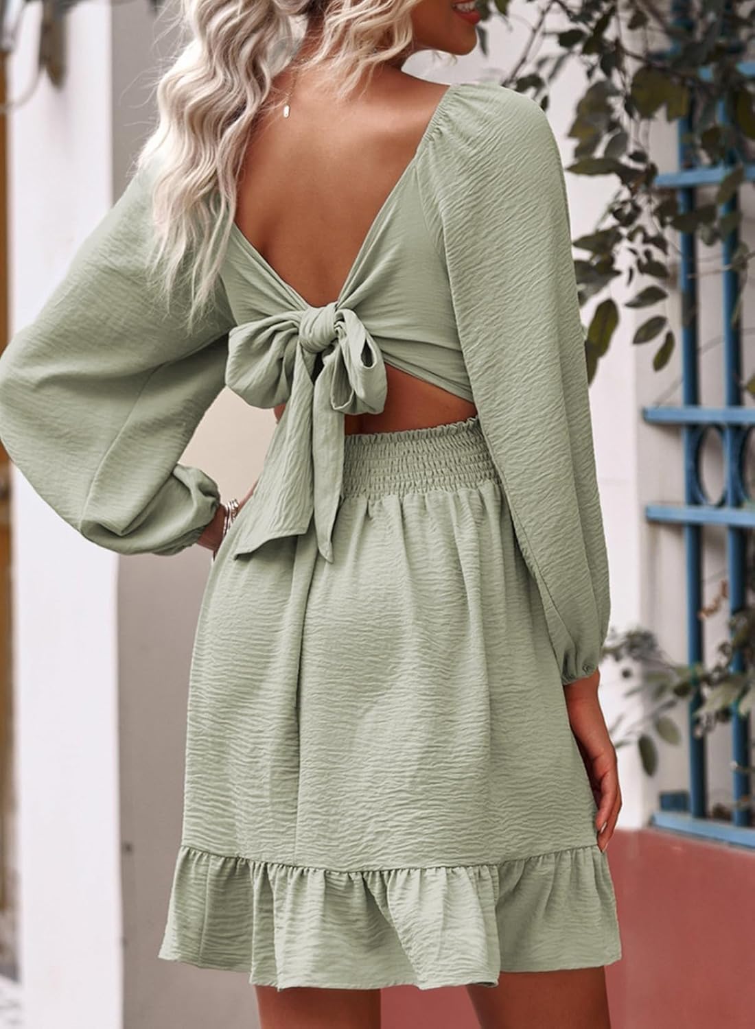 Dokotoo Womens Dress Long Lantern Sleeve Square Neck Tie Backless Sexy Dress Ruffle Elastic Waist A-Line Mini Dress - Image 2