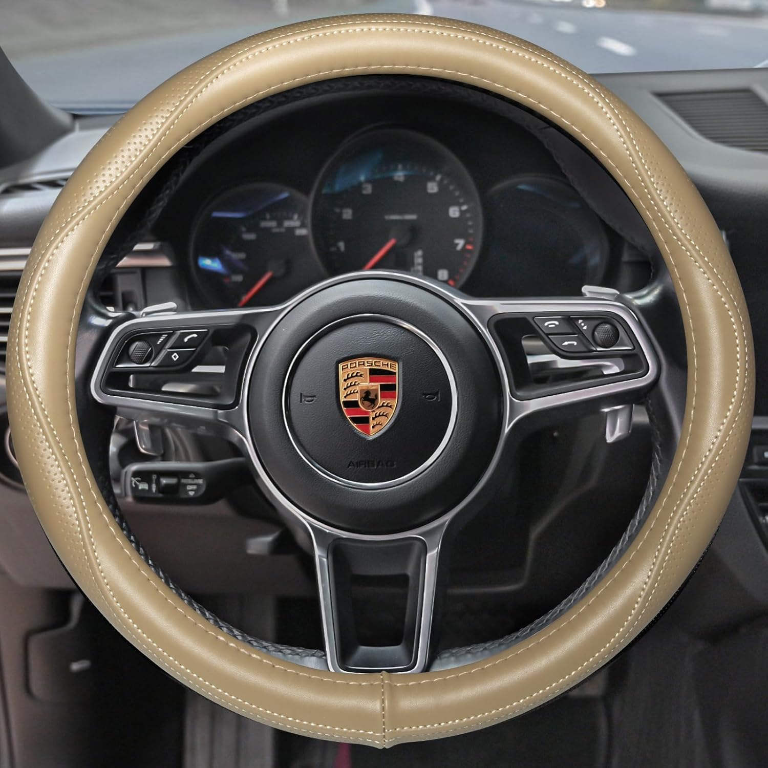 HAOKAY Top Grade Beige Genuine Leather Steering Wheel Cover Men Women, Luxury Steering Wheel Cover for Cars, SUVS and Trucks, Universal 14.5-15 inch - Image 2