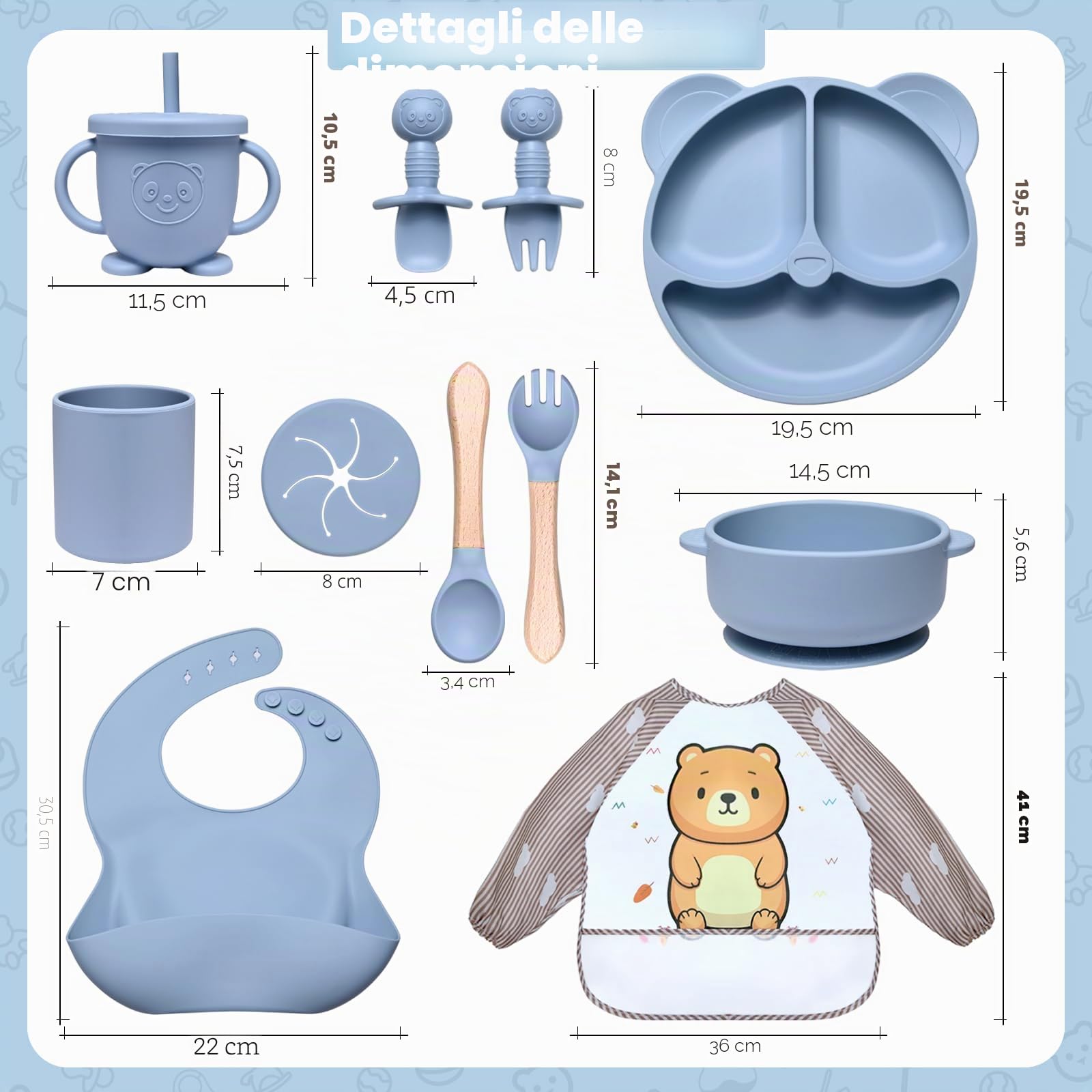 Set Pappa Svezzamento, 11 Pezzi Svezzamento Set Silicone Piatto per Bambini con Ventosa Ciotola Cucchiaio Tazza Bavaglino,Training Esercitarsi A Mangiare Da Soli, Set di Posate,Senza BPA(Blu)