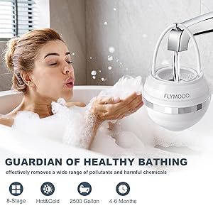 FLYMOOO Bath Filter for Tub, Bathtub Faucet Water Filter with 8 Stages & 2,500 Gallons of Filtration to Reduce Contaminants for Softer, Smoother Skin (White)