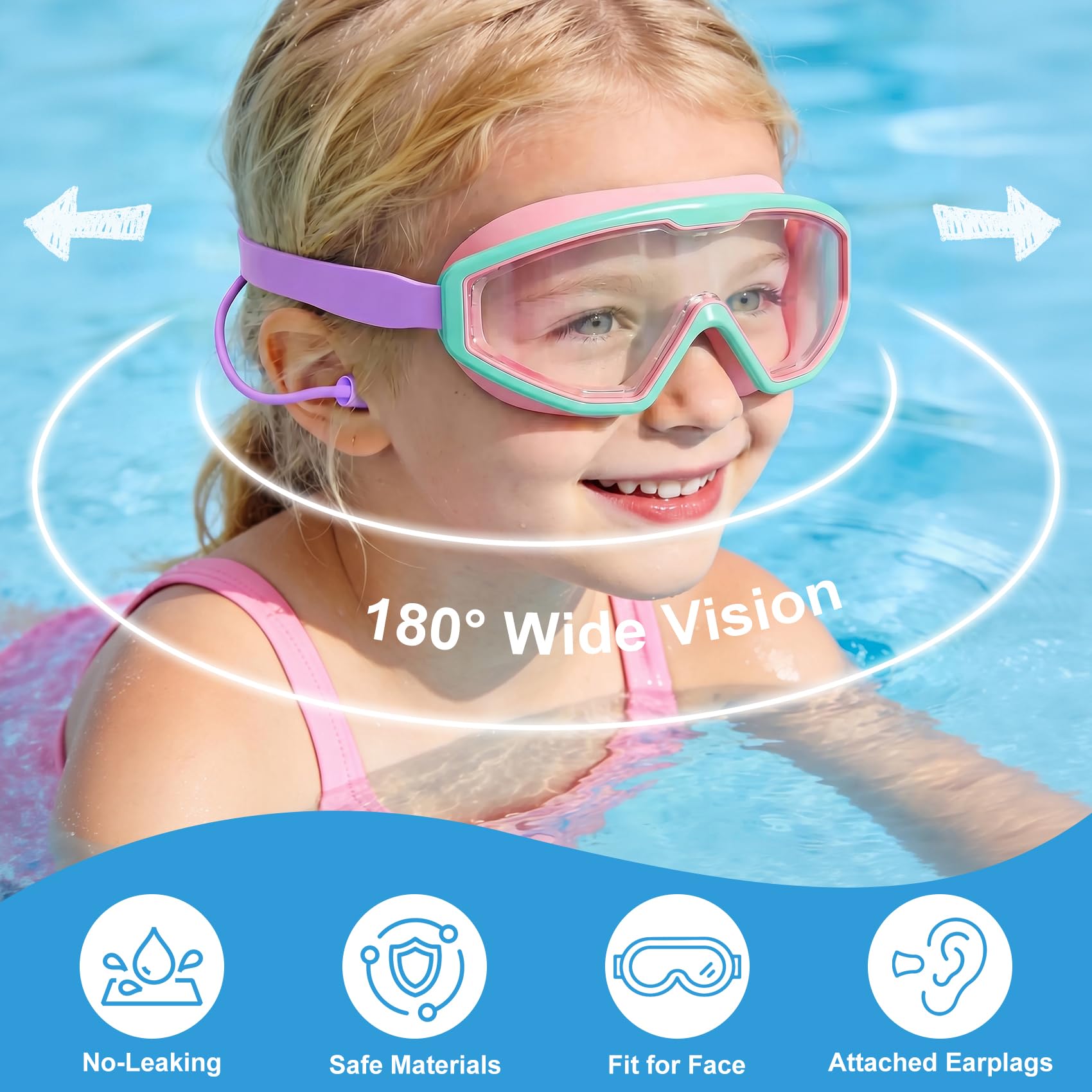 Gogle pływackie dla dzieci, szeroki widok, przeciwmgielne, ochrona przed promieniowaniem UV, bez wycieków, maska do pływania z klipsem na nos zatyczki do uszu, basen plaża niezbędnik