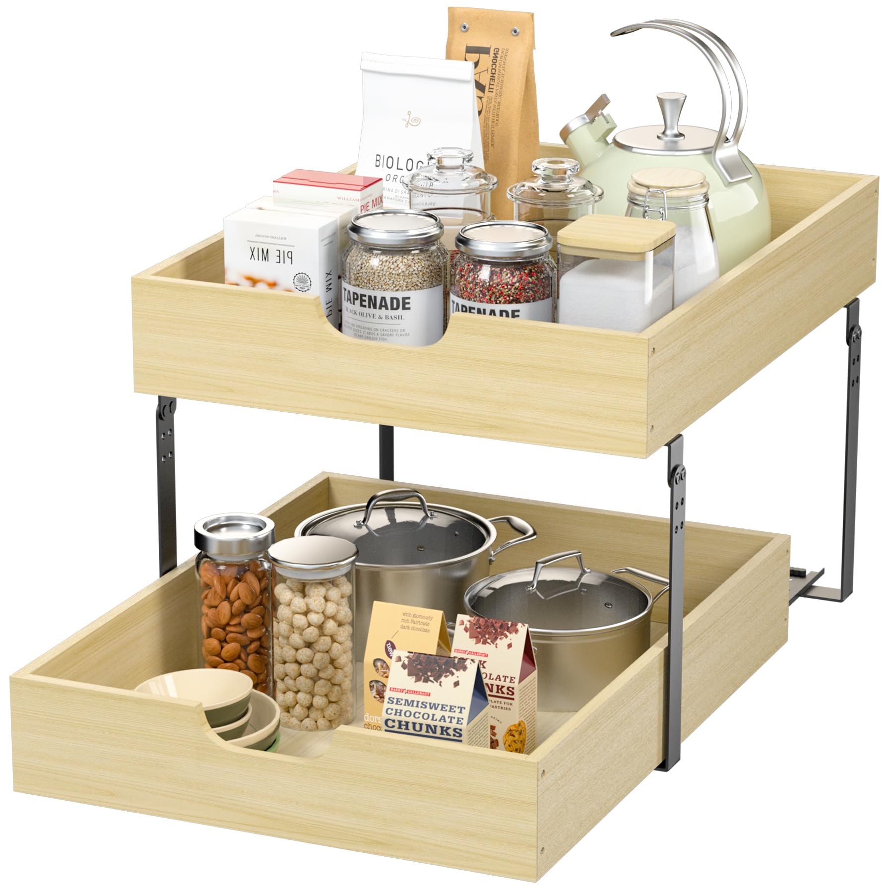 COOLBEBE 2 Tier Pull Out Drawers for Cabinets，17"W x 21"D Double Tier Slide Out Wood Drawer Shelf Organizer, Soft Close Cabinet Pull Out Shelves in