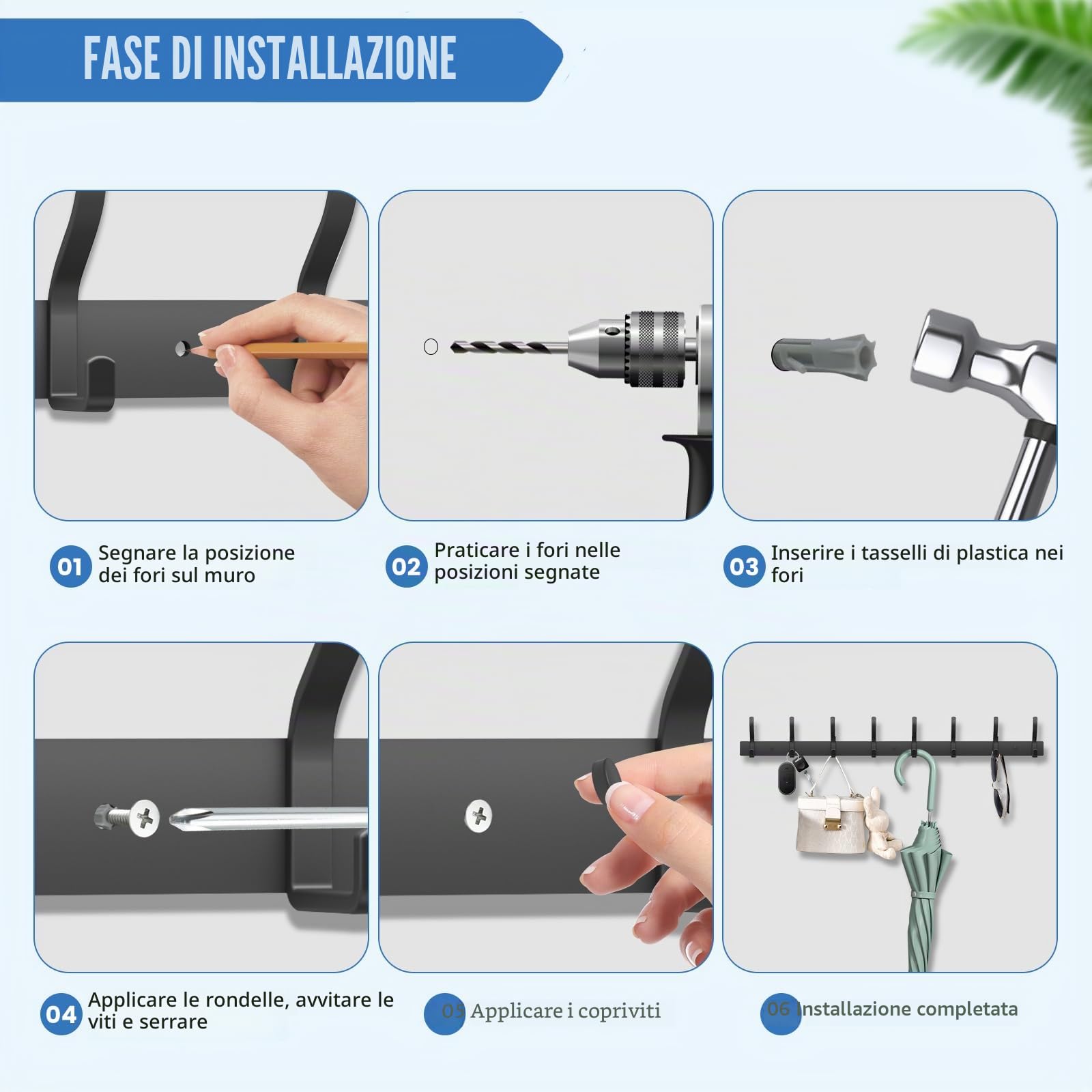 Appendiabiti da Parete, Attaccapanni da Muro in Acciaio Inossidabile, Appendiabiti da Muro per Ingresso, Cameretta e Bagno (Nero, 8 Gancio 2Pc)