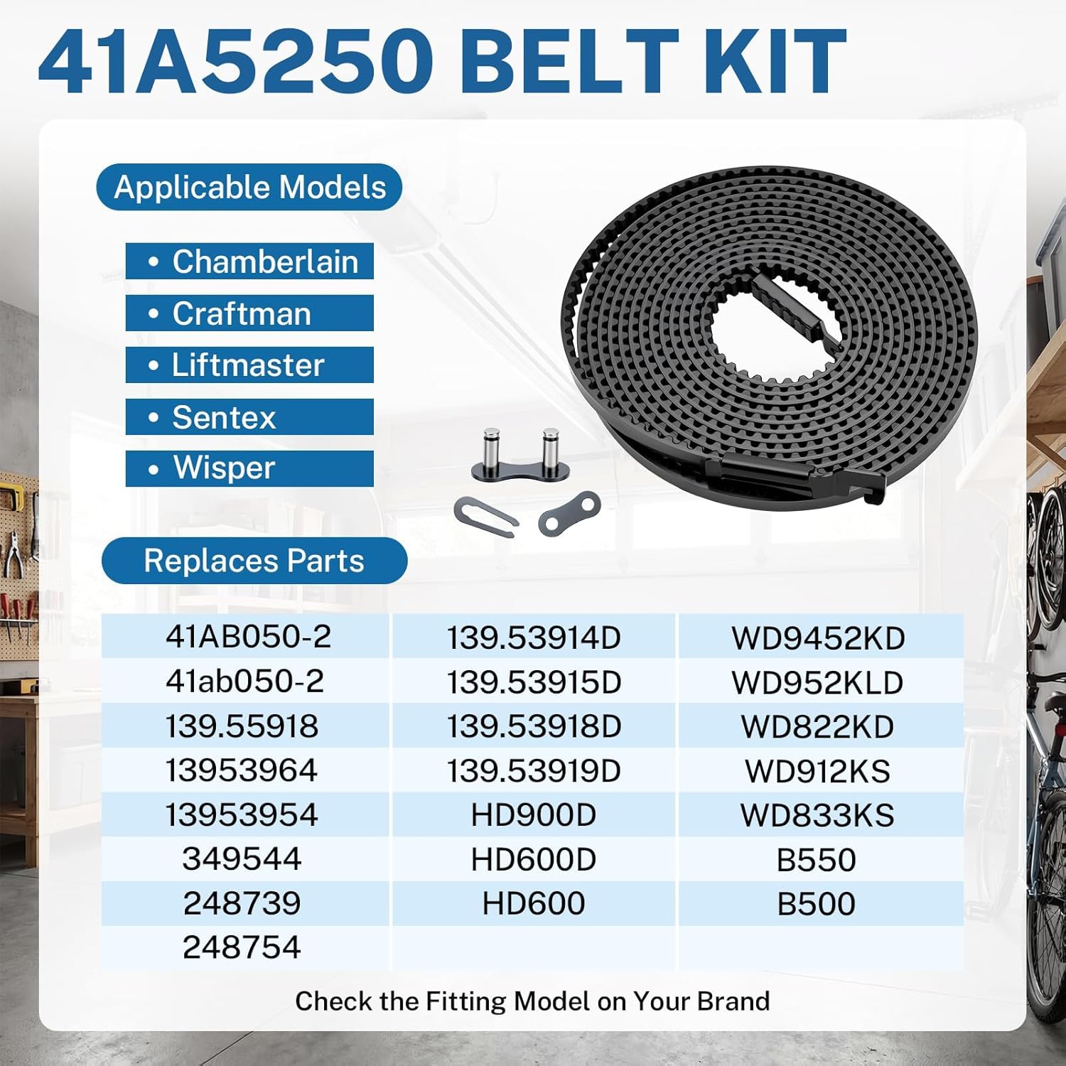 Upgraded 41A5250 Garage Door Opener Drive Belt Replacement Kit, 237-Inch Belt for 7 Ft Doors, Compatible with Chamberlain LiftMaster Craftsman 41AB050-2 Sentex Whisper Belt-Drive Openers