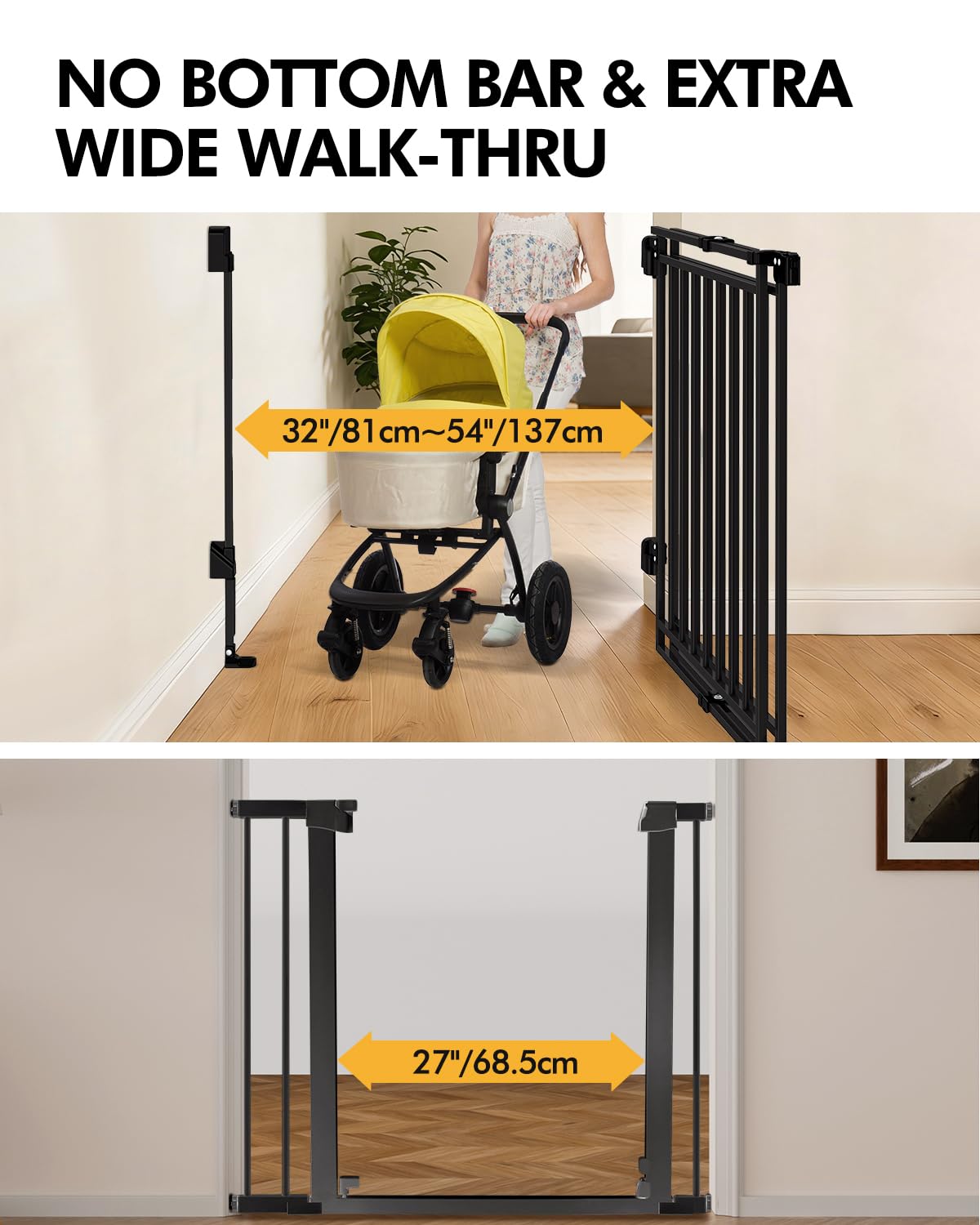 baby gate for stairs, doorways & hallways with auto close – 32"-54" w x 29" h, extra-wide walk thru and no bottom bar for easy access, adjustable safety gate for dogs & toddlers, black black 32"-54" w x 29" h