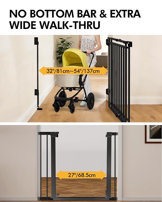 Baby Gate for Stairs, Doorways & Hallways with Auto Close 32-54 W x 29 H, Extra-Wide Walk Thru and No Bottom Bar for Easy Access, Adjustable Safety Gate for Dogs & Toddlers, Black