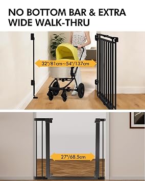 Baby Gate for Stairs, Doorways & Hallways with Auto Close 32-54 W x 29 H, Extra-Wide Walk Thru and No Bottom Bar for Easy Access, Adjustable Safety Gate for Dogs & Toddlers, Black